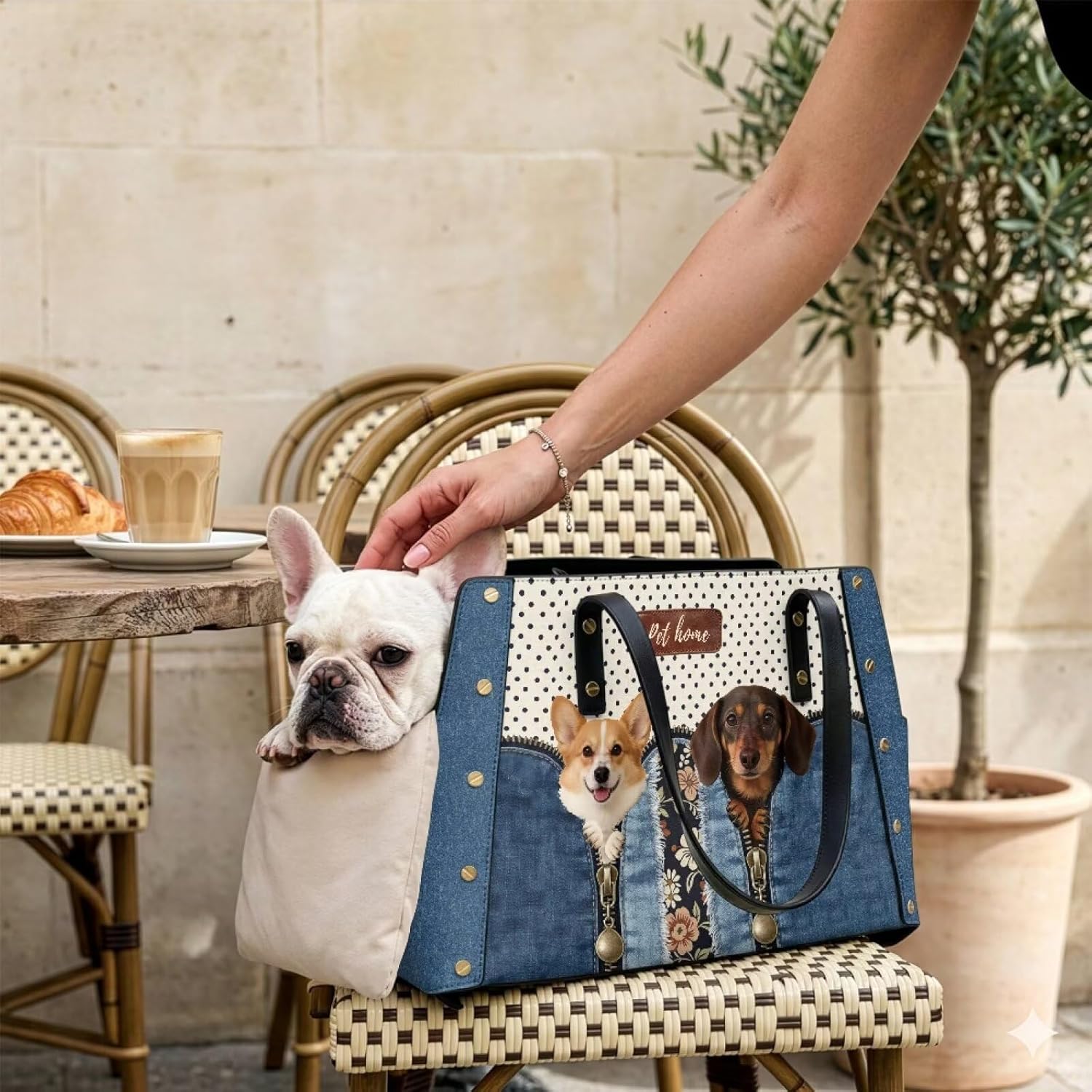 COEQINE Dachshund Corgi Blue Leather Purses for Women Tote Handbags Dachshund Corgi Denim Blue Printed Sling Dog Carriers for Small Dogs for Men Puppy Carrier Sling with Pillow Replacement,15x9x6 in