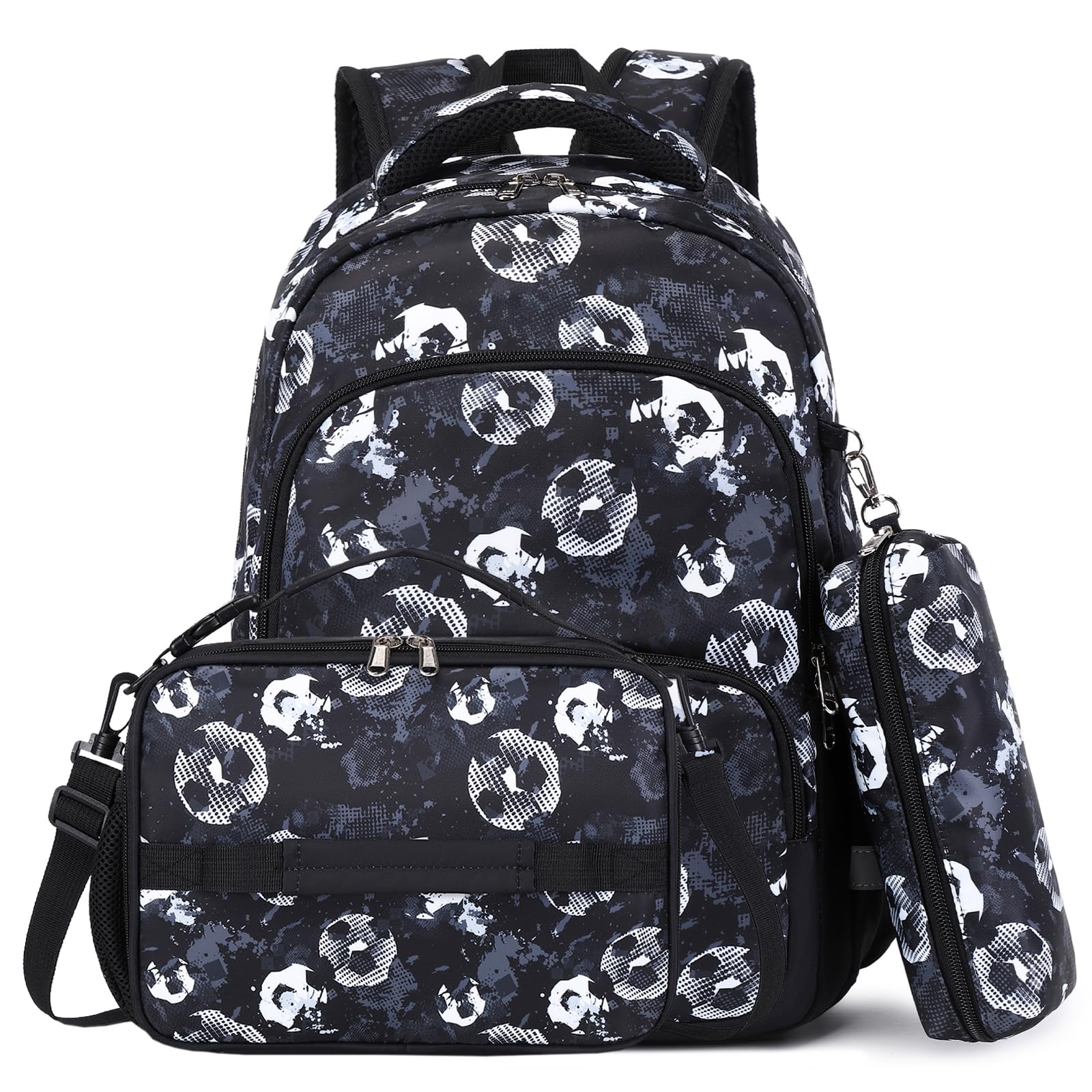 MIRLEWAIYSchool Backpack Kids Soccer Bookbag for Elementary Student with Insulated Lunch Bag Pencil Case, 15.7'' Football Set