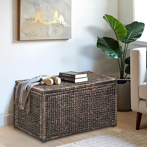 Miniatura 38 de eHemco Baúl de almacenamiento de mimbre de jacinto de agua resistente con marco de metal, 30 x 17.5 x 17.5 pulgadas, lavado marrón claro