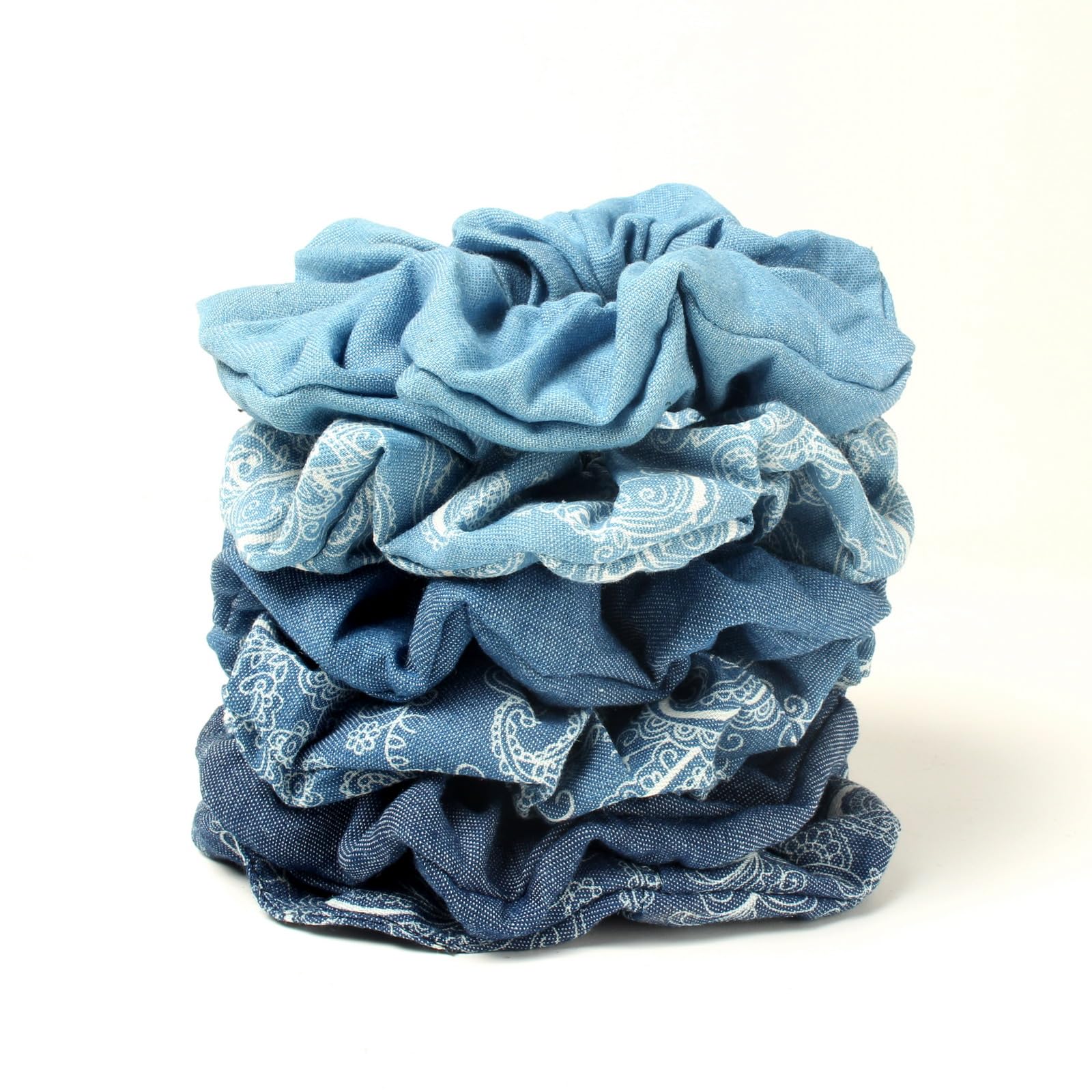 Denim Paisley Scrunchies Pack of 6 - Hair Ties, Ponytail Holders, and Elastic Hair Bands for Women and Girls