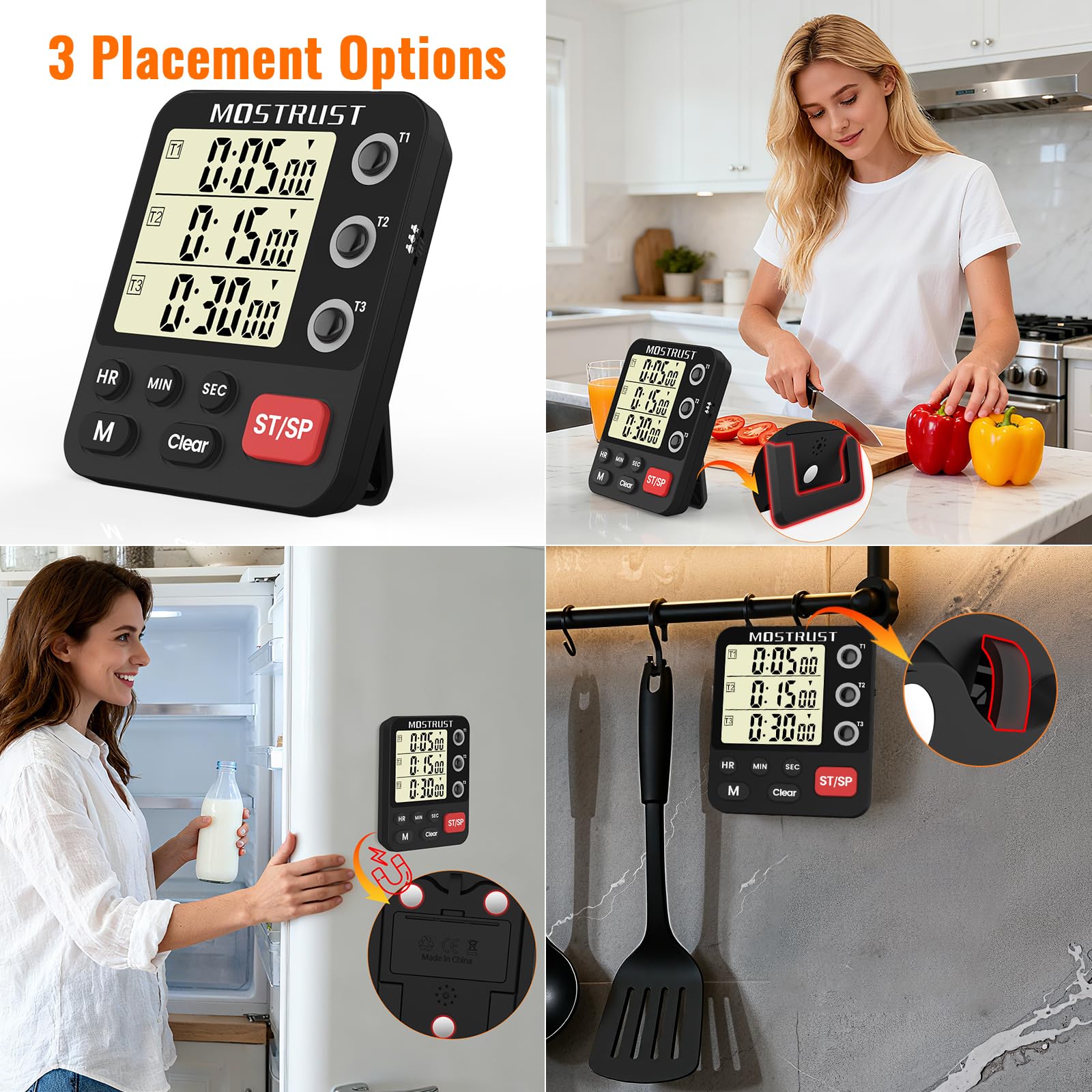 Temporizador digital de cocina doble, temporizador de cuenta regresiva independiente de 3 canales, pantalla grande, alarma fuerte, memoria de triple cronómetro con parte trasera magnética
