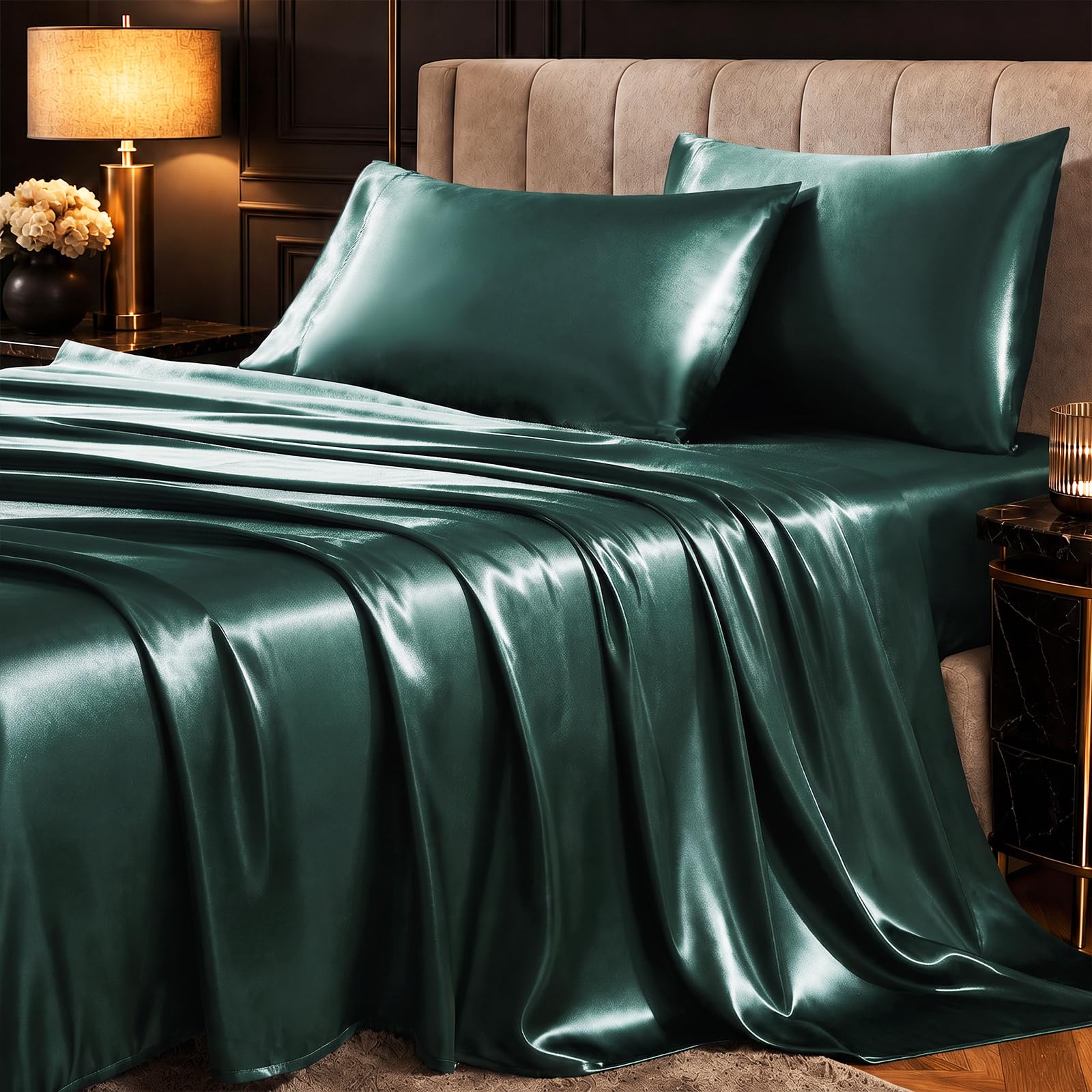 CozyLux Satin Sheets Full, 4-Piece 14-Inch Deep Pocket Sheet Set