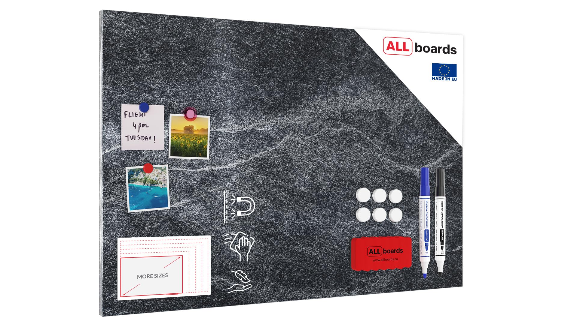 ALLboards Magnetic METALboards, Dark Stone 90×60 cm + a Set of Accessories Included