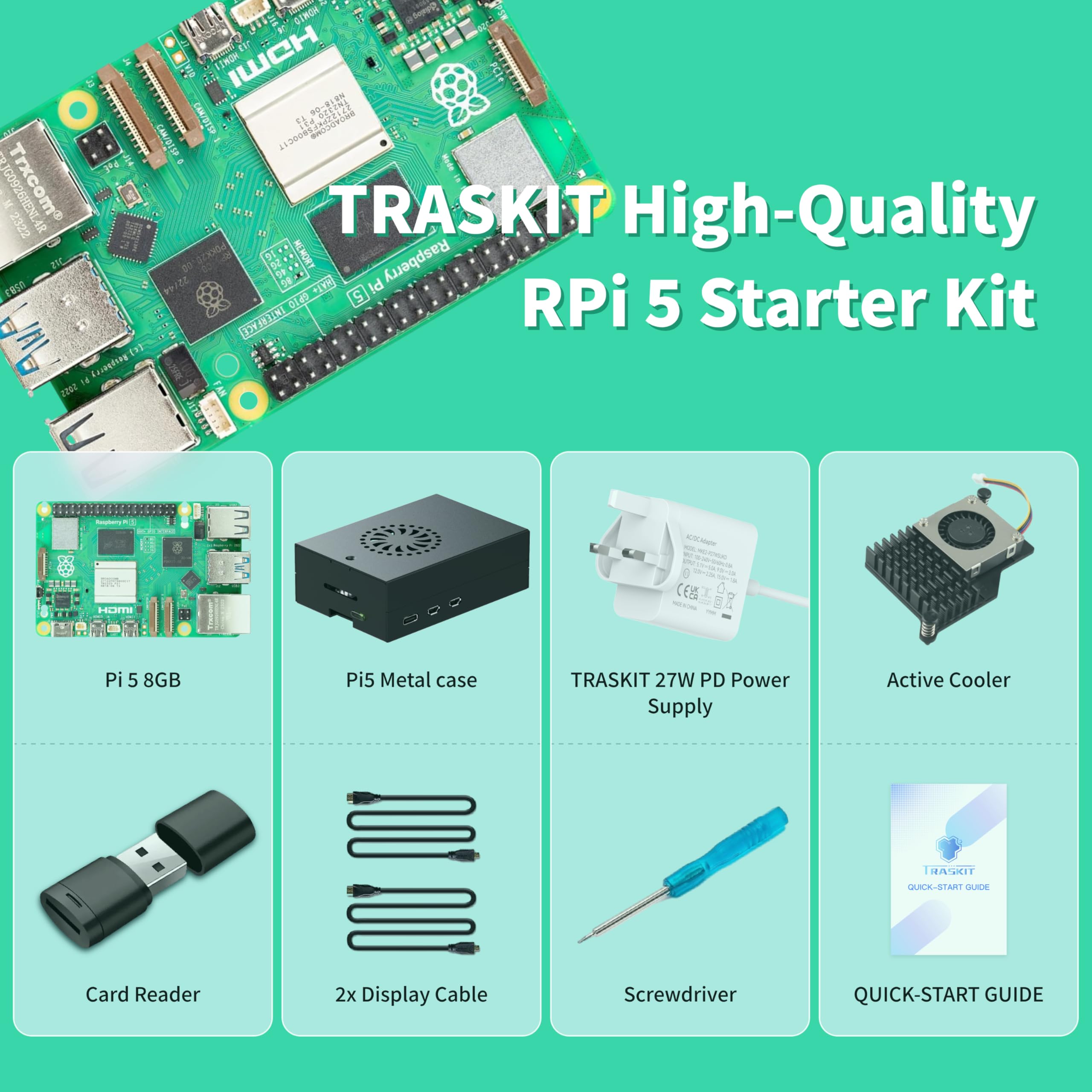 TRASKIT Kit de inicio para Raspberry Pi 5 8 GB de RAM, tarjeta SD de 64 GB precargada con Pi OS de 64 bits