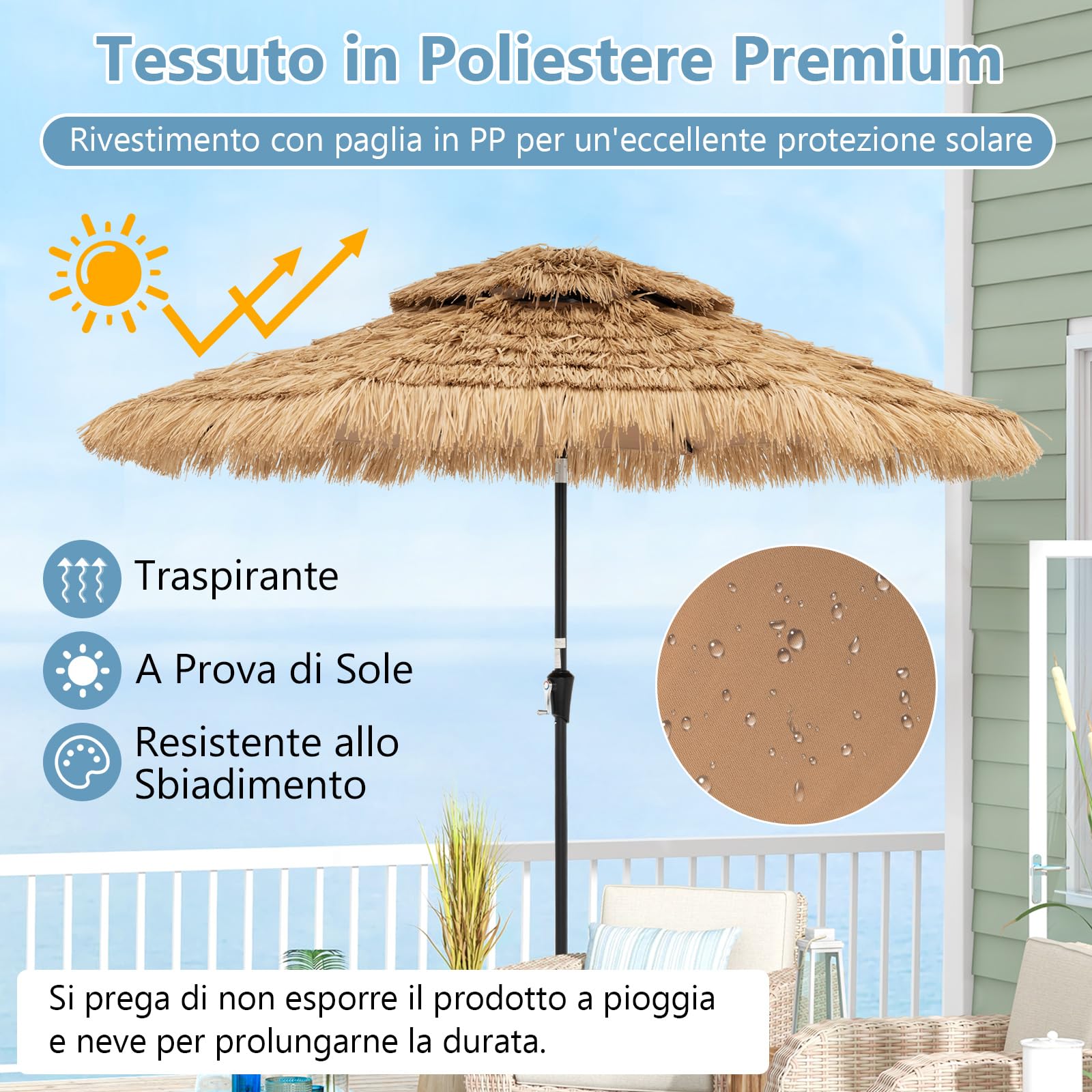 COSTWAY Ombrellone di Paglia in PP 270 cm, con 32 Luci LED, Manovella, Inclinazione Regolabile, Ombrellone Hawaiano da Spiaggia con 8 Stecche (270 cm/32 Luci)