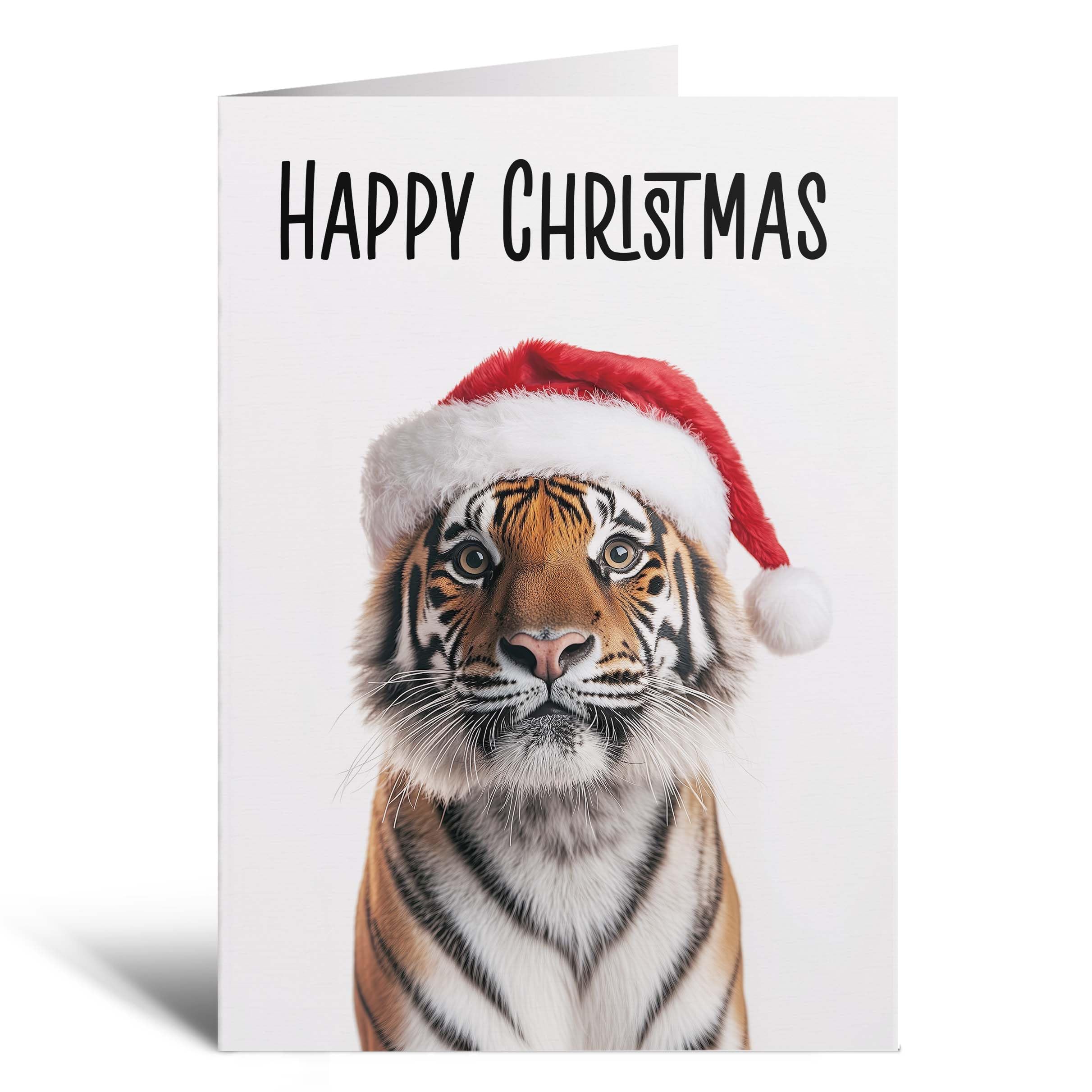 Postcard Prints - Fun Christmas Card of a Tiger Wearing A Santa Hat Whimsical Christmas Card For Animal Lover For Him or Her - 2 Cards