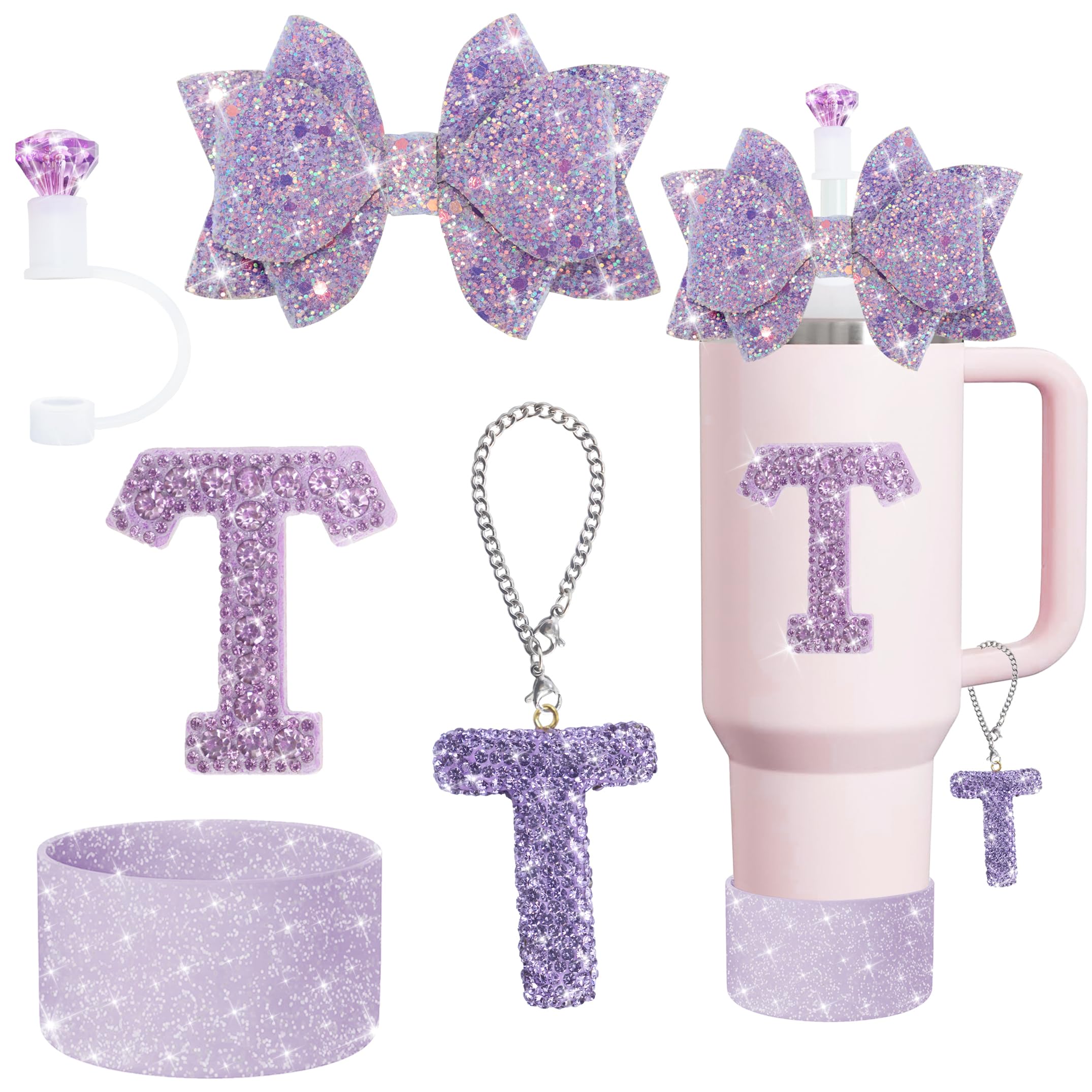 XIANGYUAN 5Pcs Stanley Cup Accessories Set,Letter Charm for Stanley Cups,Including Diamond Straw,Bow Straw,Sparkly Silicone Boot for Stanley Cup 30oz or 40oz(Purple T)