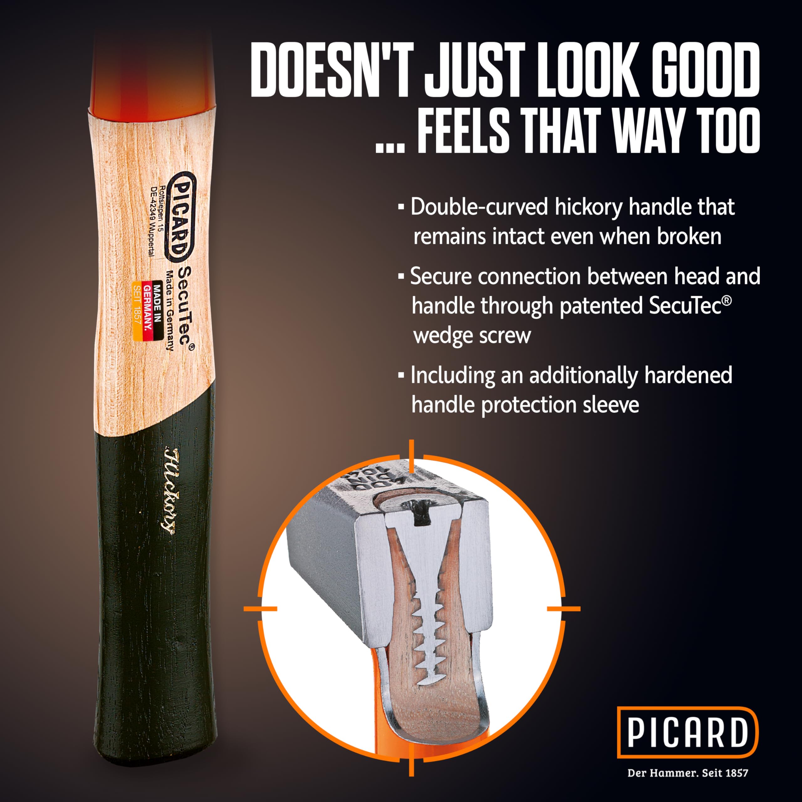 PICARD Martello mazza SecuTec®, No. 43 HS, 1.250 g | Mazza da fabbro con sistema di sicurezza brevettato | Martello professionale con manico in hickory