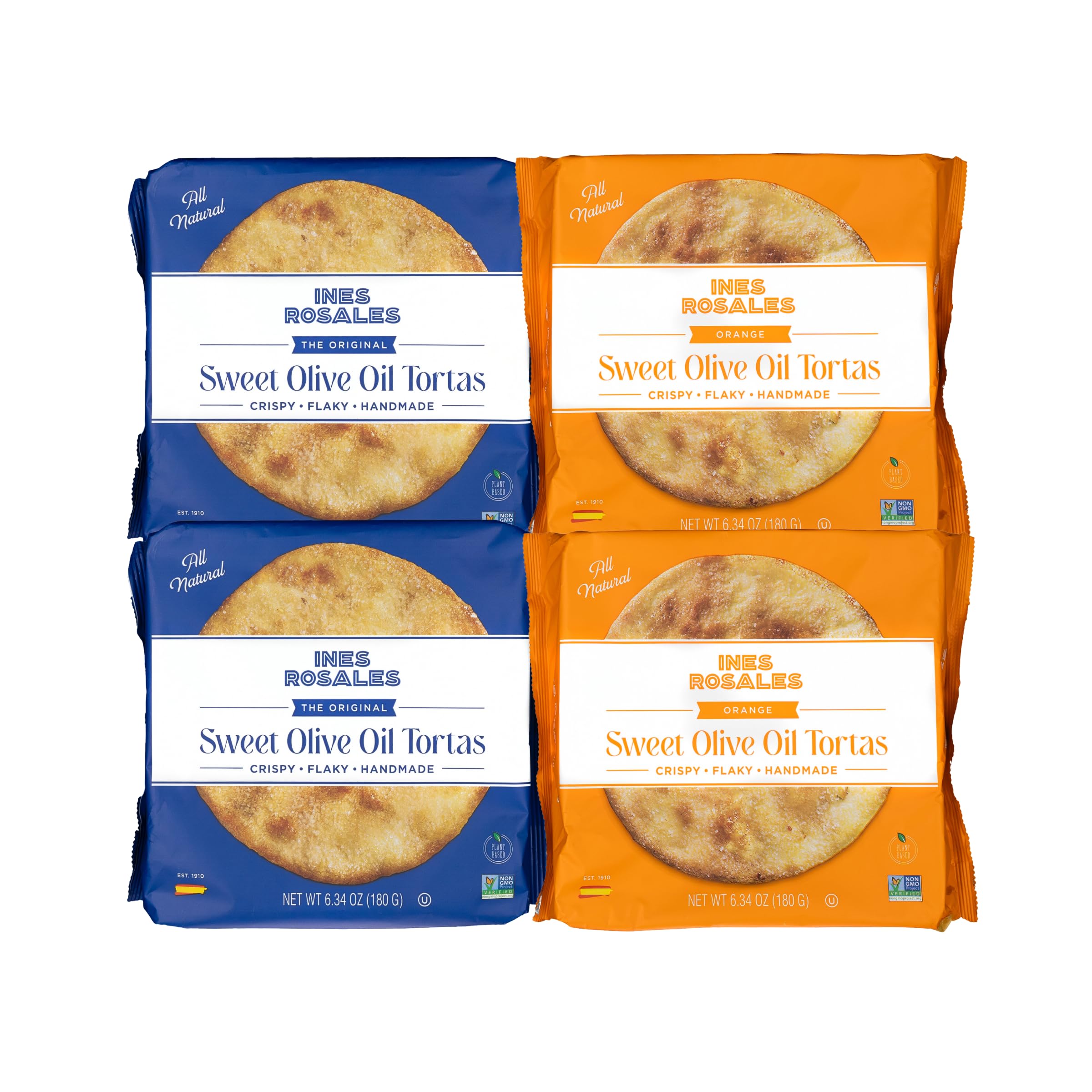 Ines Rosales Tortas Bundle - 2 Original + 2 Orange - Handcrafted Spanish Olive Oil Tortas, Authentic Mediterranean Flavors