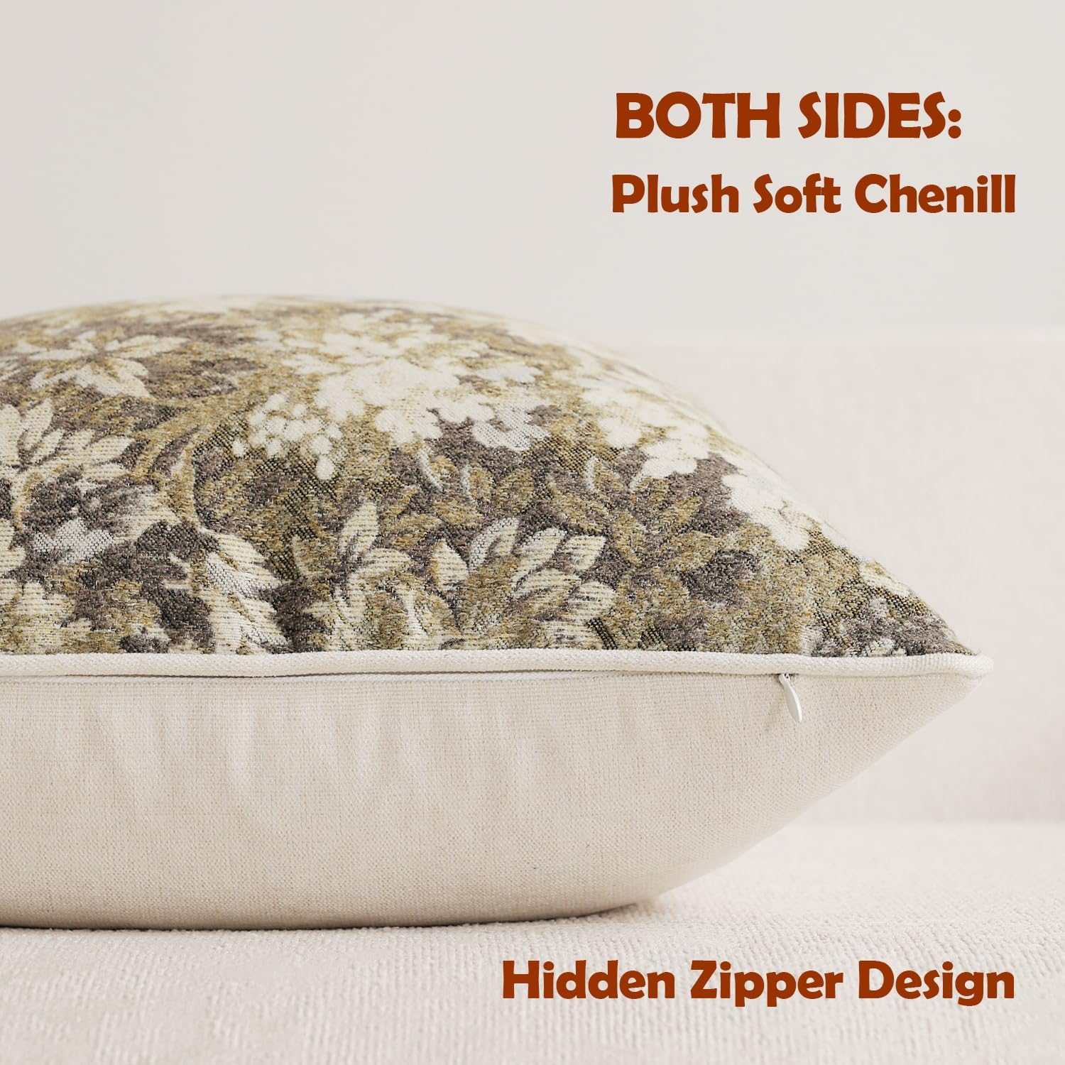 Pack of 2 Vintage Floral Pillow Covers 12x20 Boho Farmhouse Accents Chenille Rectangular Lumbar Decorative Throw Pillow Cases for Living Room Couch Bed Home Decor, Beige - Image 2
