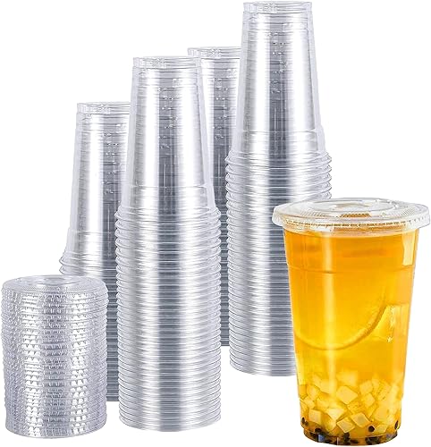 Miniatura 9 de TashiBox Vasos de plástico con tapas 20 oz 100cups&100flat lids, vasos de plástico desechables de cristal transparente, tazas de batido