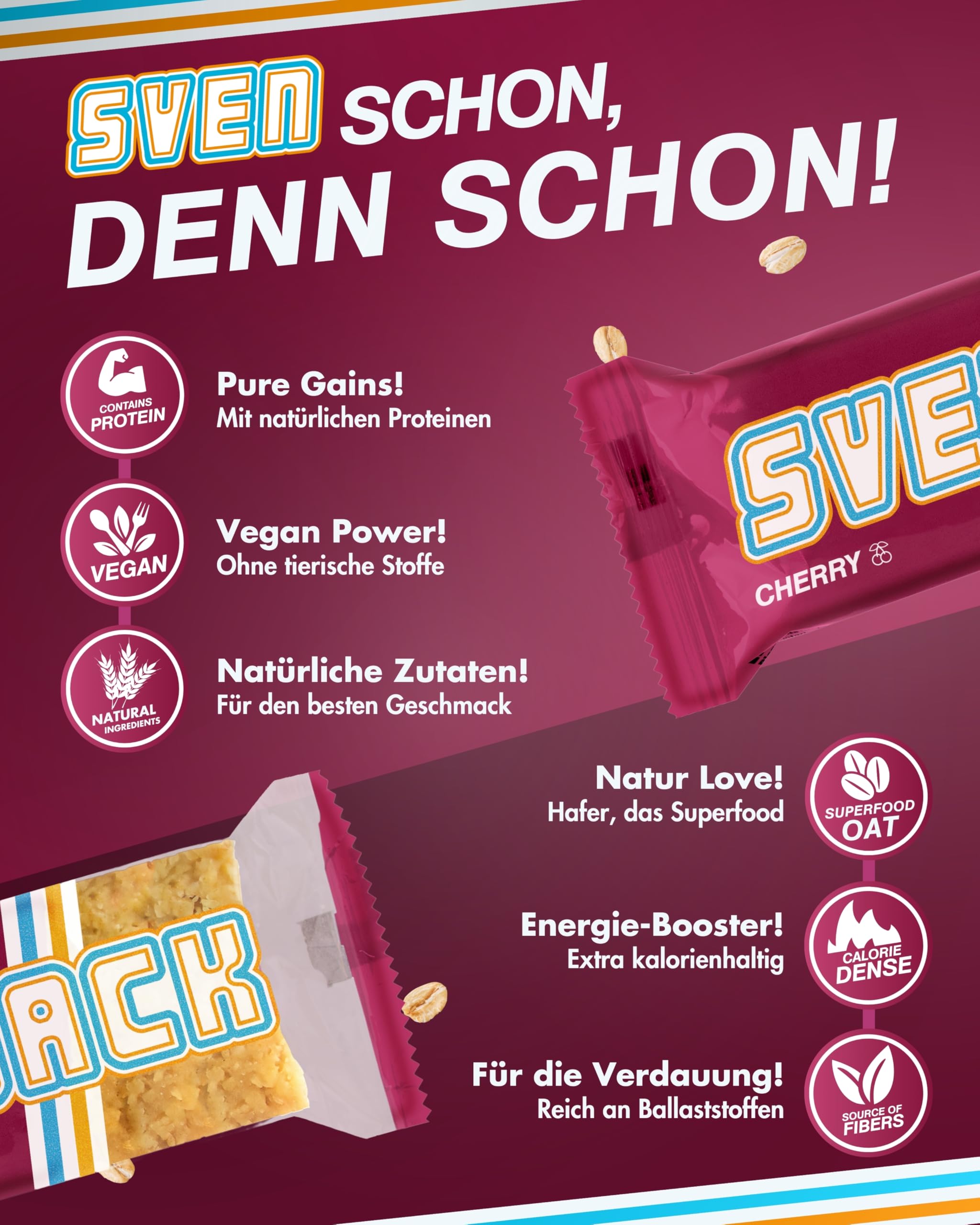 Sven Jack (Energy Cake) Haferriegel Cherry 20x 65g I Original Haferflocken Energieriegel I Veganer & Laktosefreier Haferriegel I Langkettige Kohlenhydrate & wenig Zucker I Müsliriegel