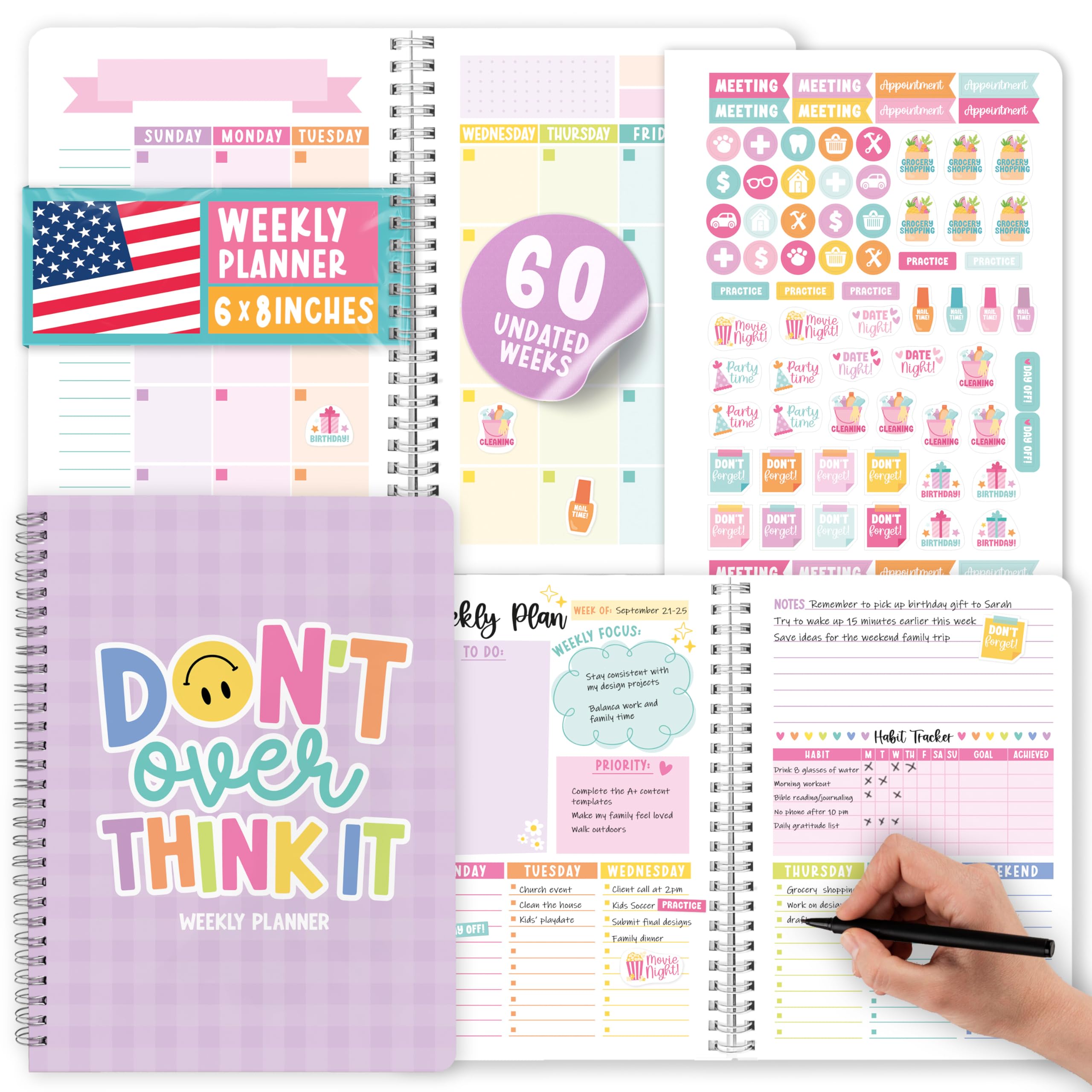 Spiral Weekly Planner Undated - Undated Weekly Planner Habit Tracker, Habit Tracker Notebook, Monthly Goal Planners, Agenda Notebook For Work, Purple To Do List Notebooks