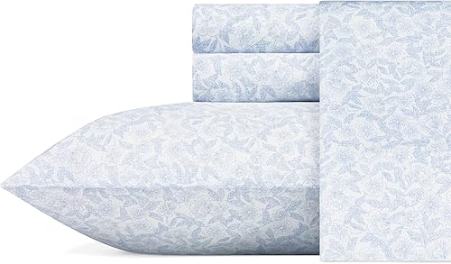 Laura Ashley Home Juego de ropa de cama tamaño Queen de satén de algodón suave, elegante y transpirable para decoración del hogar, azul Blossoming