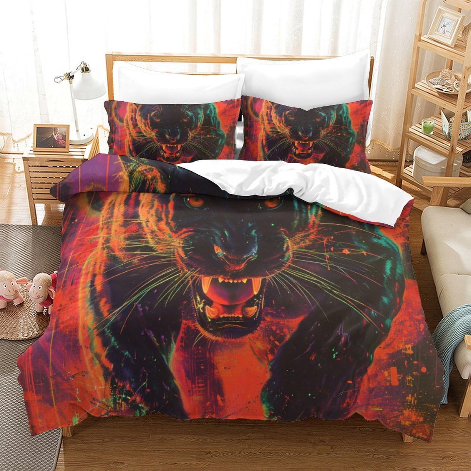 Housse de couette panthère noire 260x220 cm en microfibre douce avec 2 taies