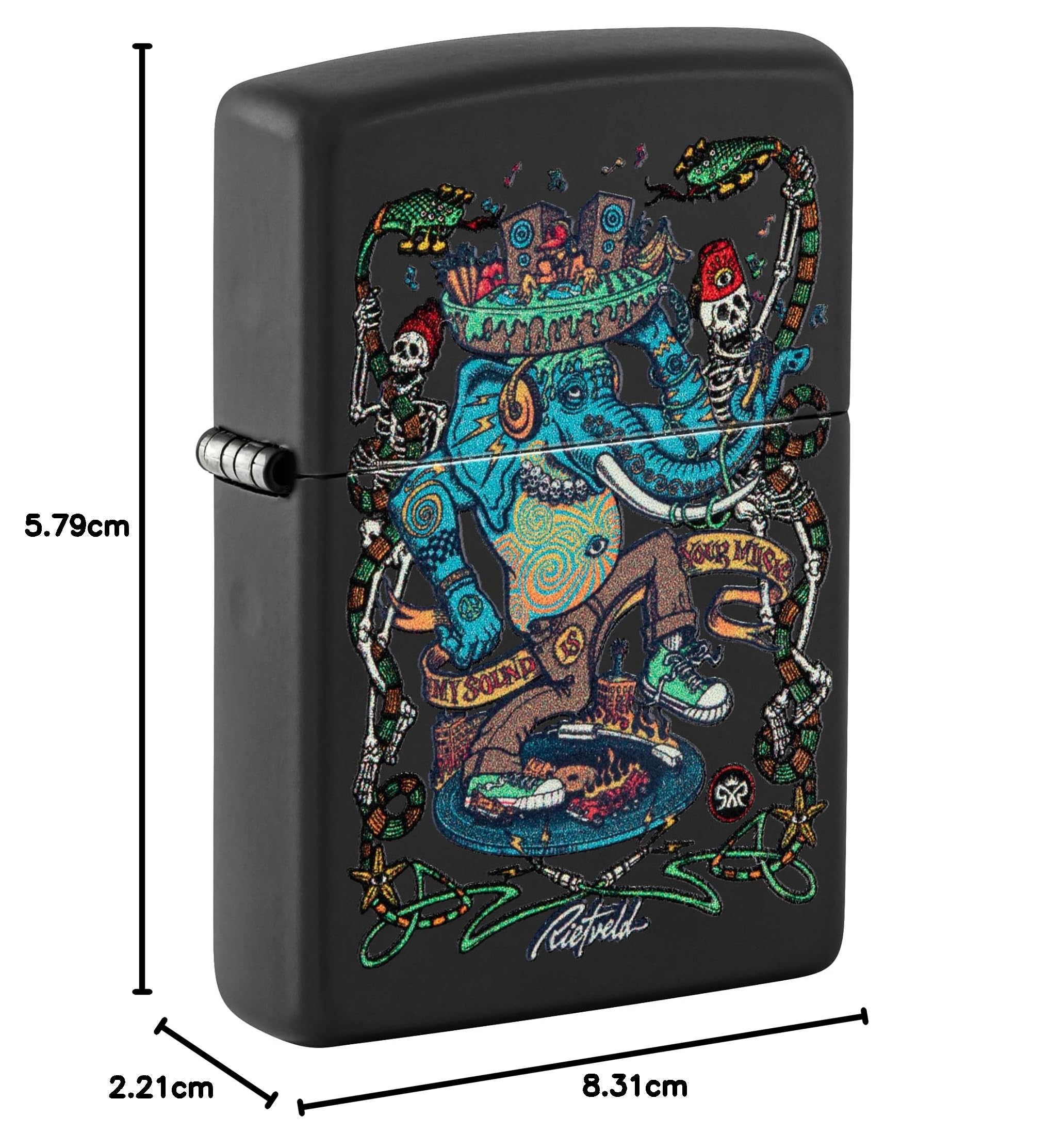 Zippo Rick Rietveld Zapalniczka Sztormowa, Nadruk Uv, do Napełniania, Wielokrotnego Użytku, Wiatroodporna Konstrukcja, Pudełko na Prezent, Wykonano w USA, Kolor Czarny Matowy