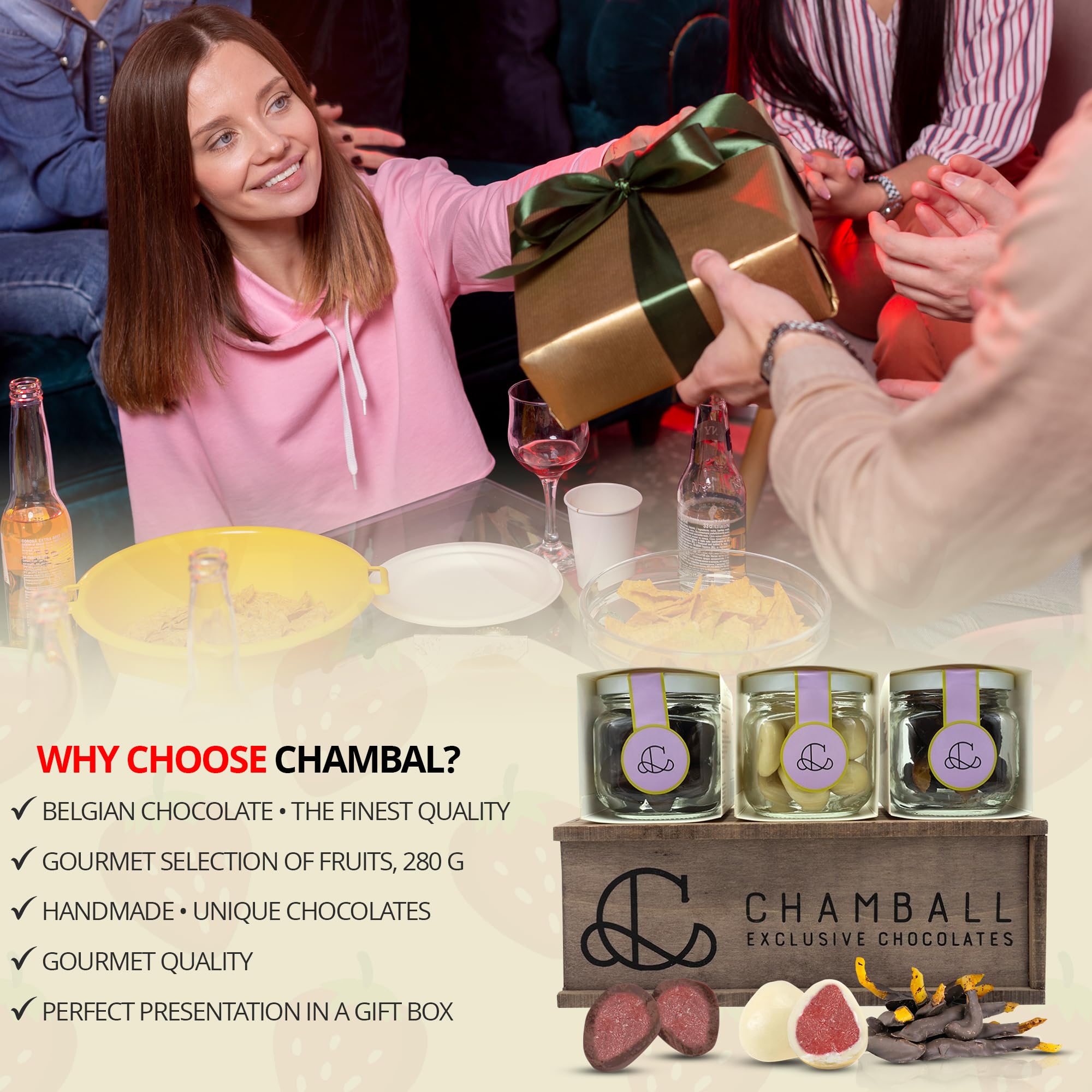 CHAMBALL – Caja de bombones Madera con Fresas Chocolate Blanco & Negro y Naranja Confitada – 280g | Chocolates para Regalar, Caja Bombones Gourmet, Chocolate Regalo San Valentín, Cumpleaños
