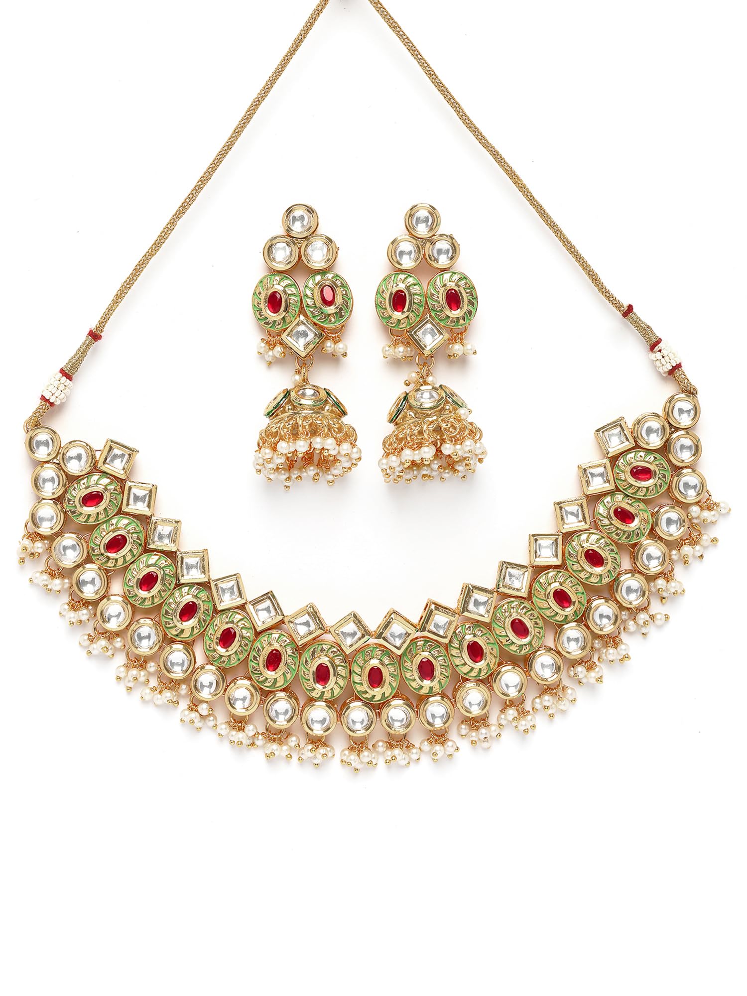 karatcart Gold Plated Polki Kundan Choker Necklace Set with Red and Green Enamel for Women-picture-17