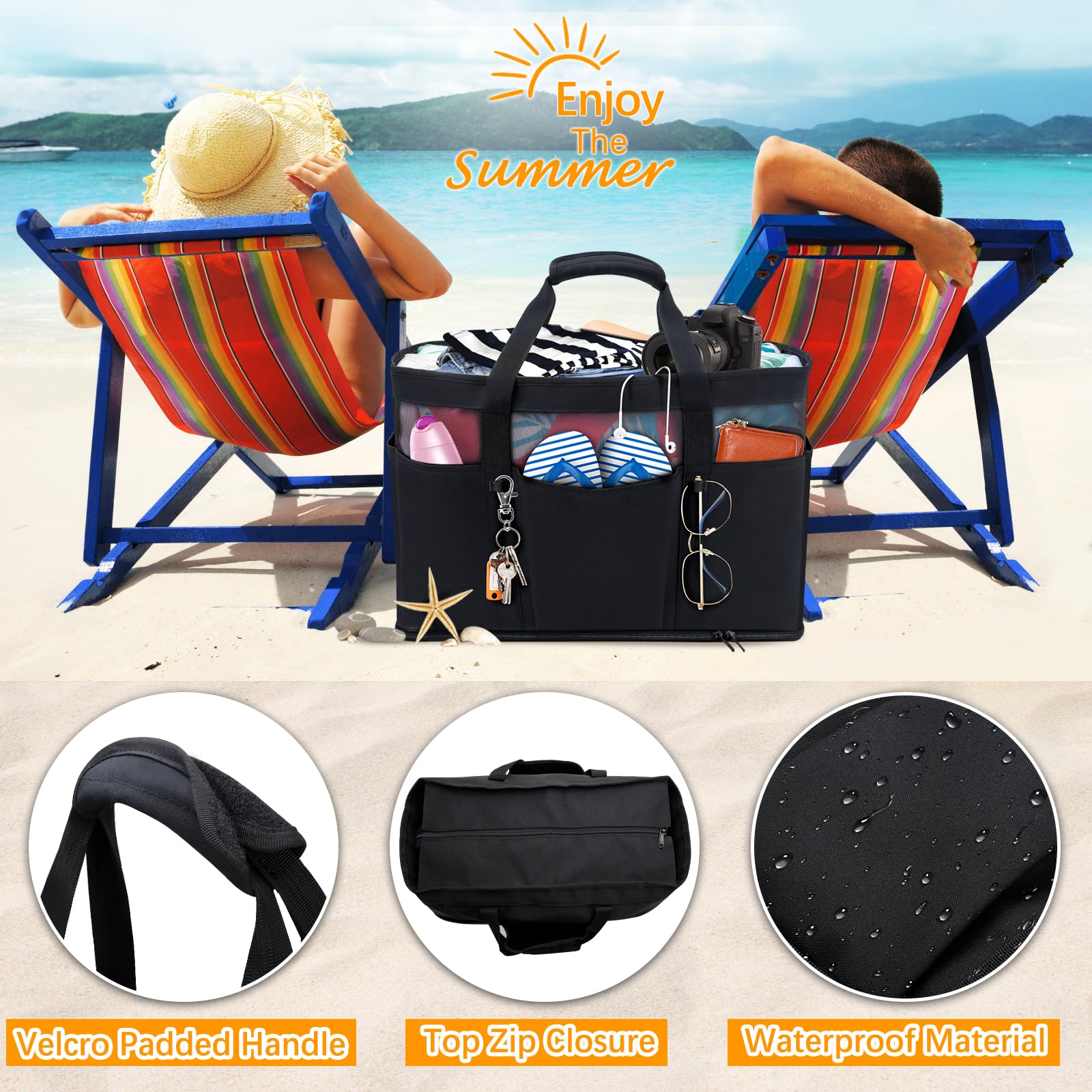 Grande Sac de Plage XXL Famille 45L Pliable 50x35x20cm Multi-Poche Nylon avec Fermeture Éclair et Poche Intérieure - Rangement pour Jouets, Courses, Voyage Weekend (Noir)