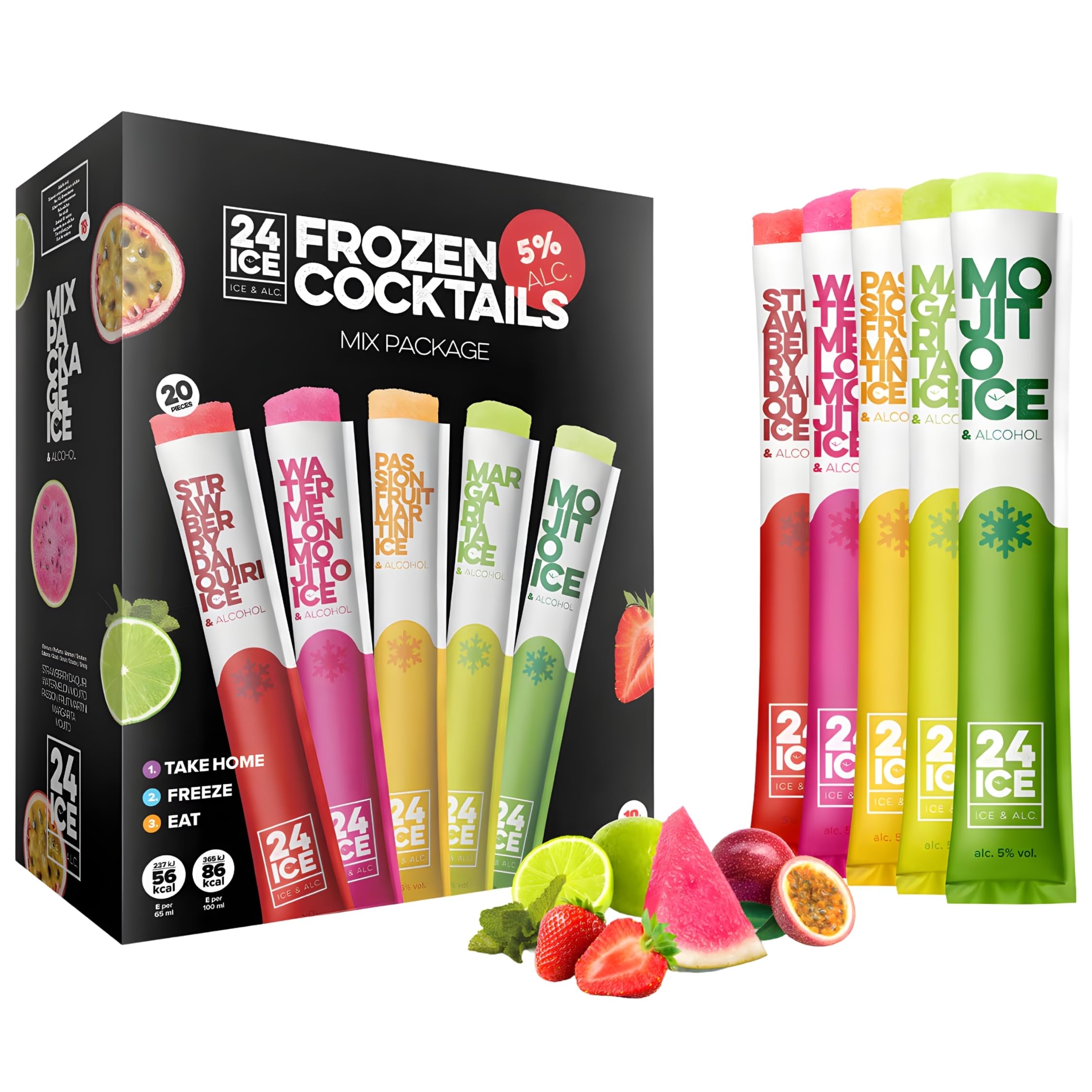24 ICE Frozen Cocktails Mix Pack 20 Unidades 5% Vol – Cócteles Helados Sabores Strawberry Daiquiri, Watermelon Mojito, Passion Fruit Martini, Margarita y Mojito - Distribuido por Laborawi