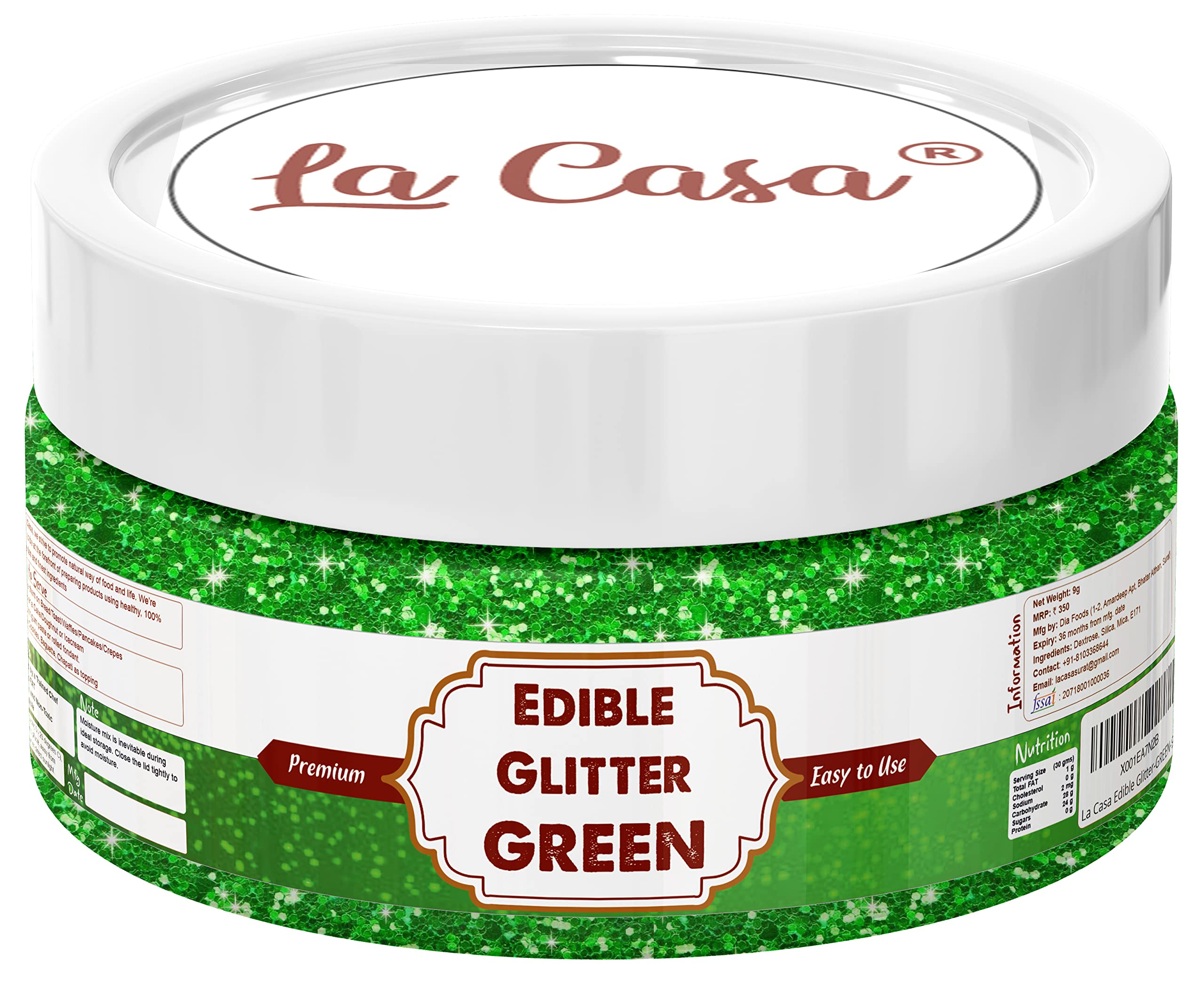 La Casa Premium Edible Glitter - GREEN | Metallic Glitter Ideal for Cake Icing Decoration & Garnishing | 9g |