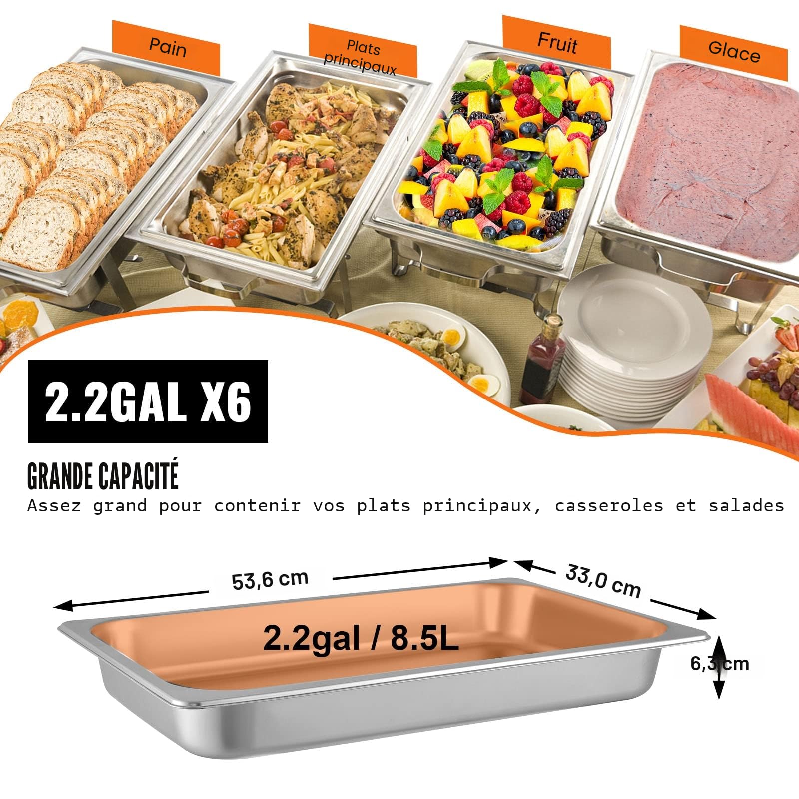 VEVOR Bac Inox Alimentaire Lot de 6 Plats à Four en Acier Inoxydable 8,5L Épaisseur 0,8mm Bac Poli Rectangulaire Effet Miroir Aliments Chauds et Froids pour Cuisine de Restaurant Gril Gâteaux Tartes