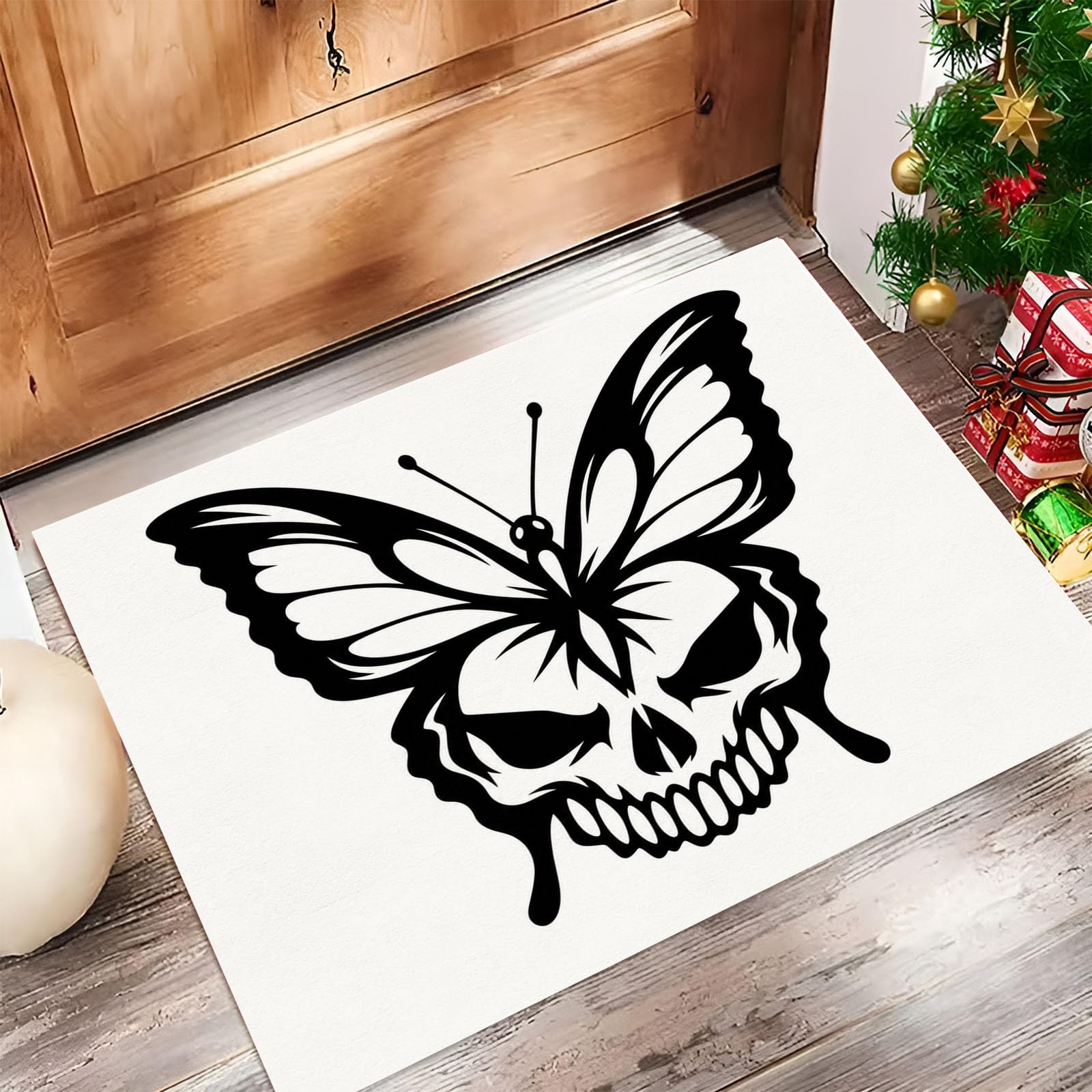 Zerbino Ingresso Interno Teschio Gotico E Farfalla, Zerbino Di Benvenuto Lavabile Morbida Animale Oscuro, Antiscivolo Tappeto Da Decorazioni Beige Per Casa Porta, 60X90Cm