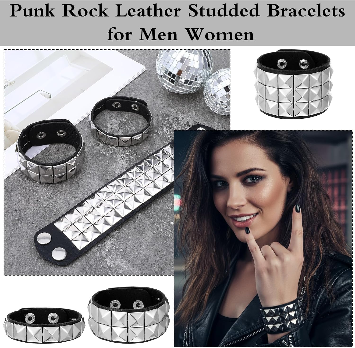 3 Pcs Studded Bracelet, Spiked Studded Bracelets Gothic Bracelets Adjustable Cuff Braceletss Set Halloween Leather Punk Bracelet for Rocker Outfits 80s 90s Costume Accessories - Image 4