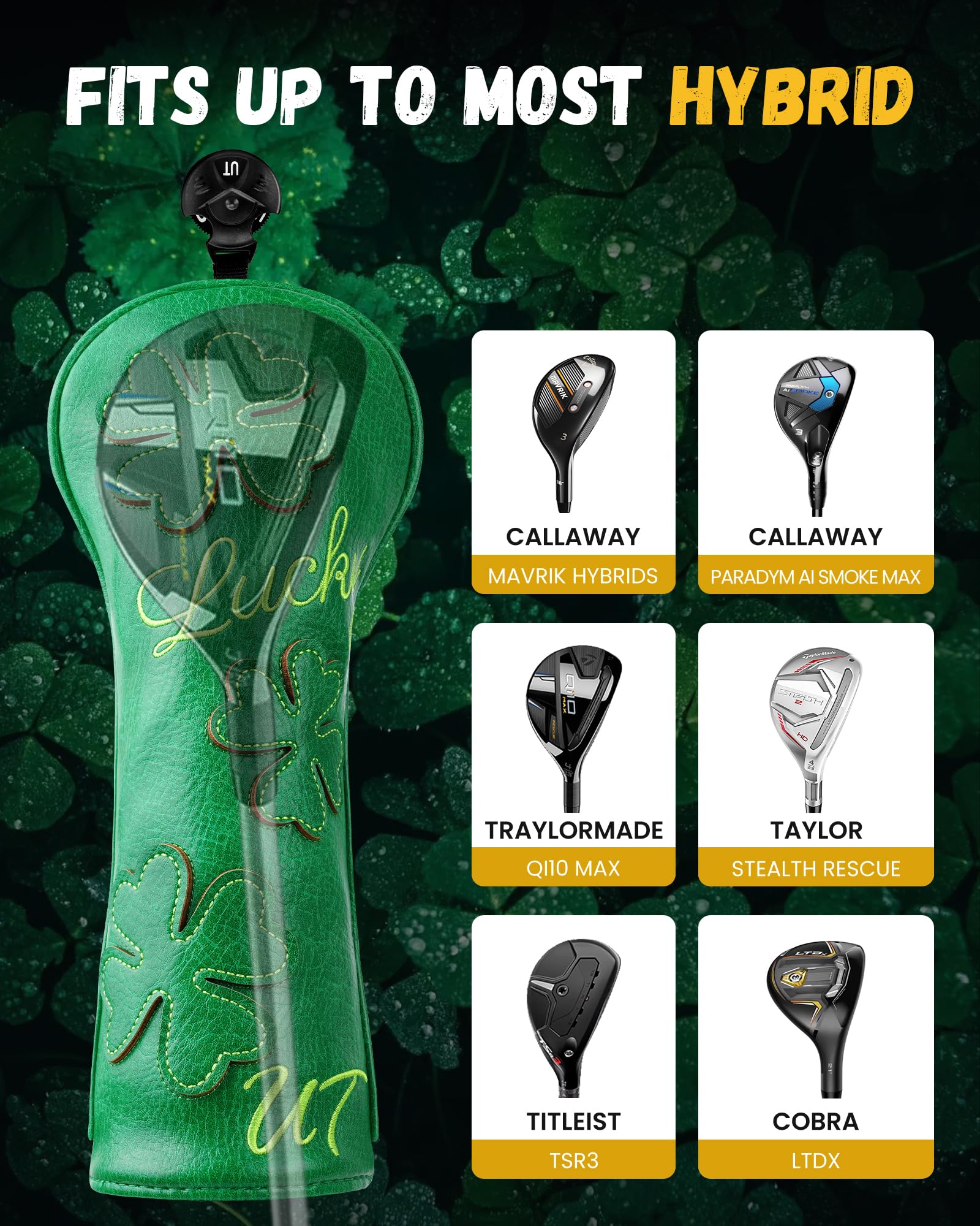 Fundas para cabeza de palo de golf para conductor/madera de Fairway/híbrido/(1.3.5.UT)/hierros/putters verde trébol de piel sintética