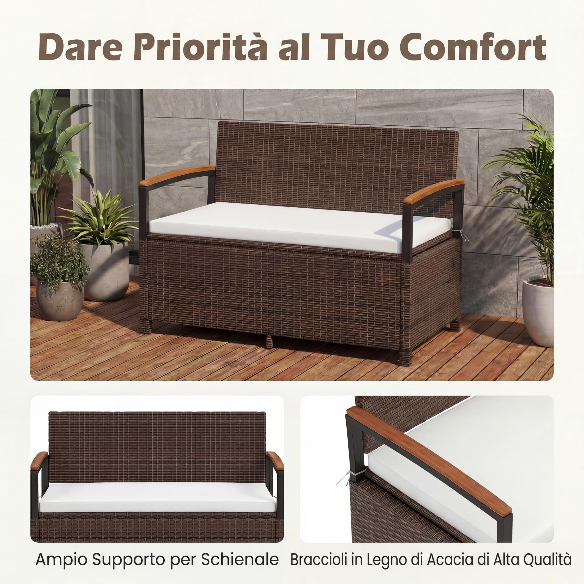 SOARS Panca da Giardino 2 Posti, Baule Contenitore Esterno 175 L in Vimini PE, con Cuscino Lavabile, Schienale e Braccioli in Legno di Acacia, Ammortizzatori a Gas, per Patio Balcone Piscina (Beige)