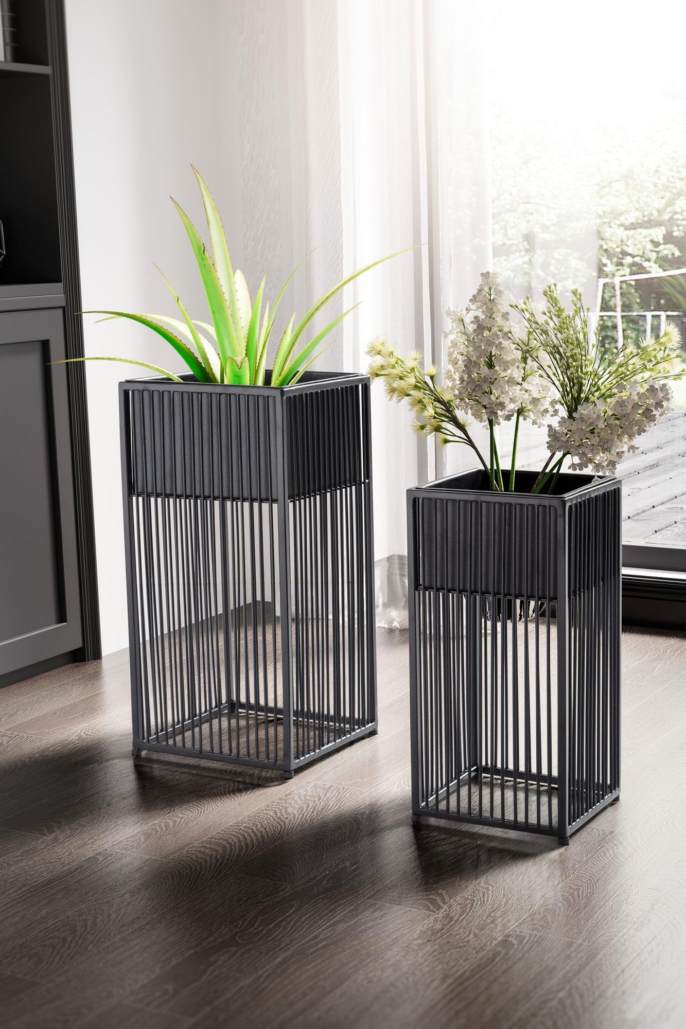 FineBuy Blumentopf 2er Set Metall Schwarz mit Gestell, Quadratisch