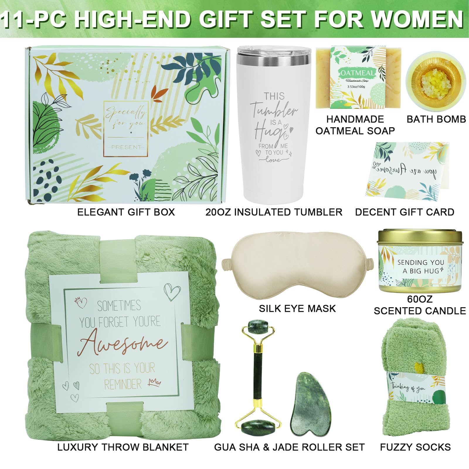 Regalo de bienestar para mujer – Caja de spa de relajación con tapa – Regalo Get Well Soon, cumpleaños, pensamiento para ti, día de la madre original para esposa, mamá, hermana, amiga – verde