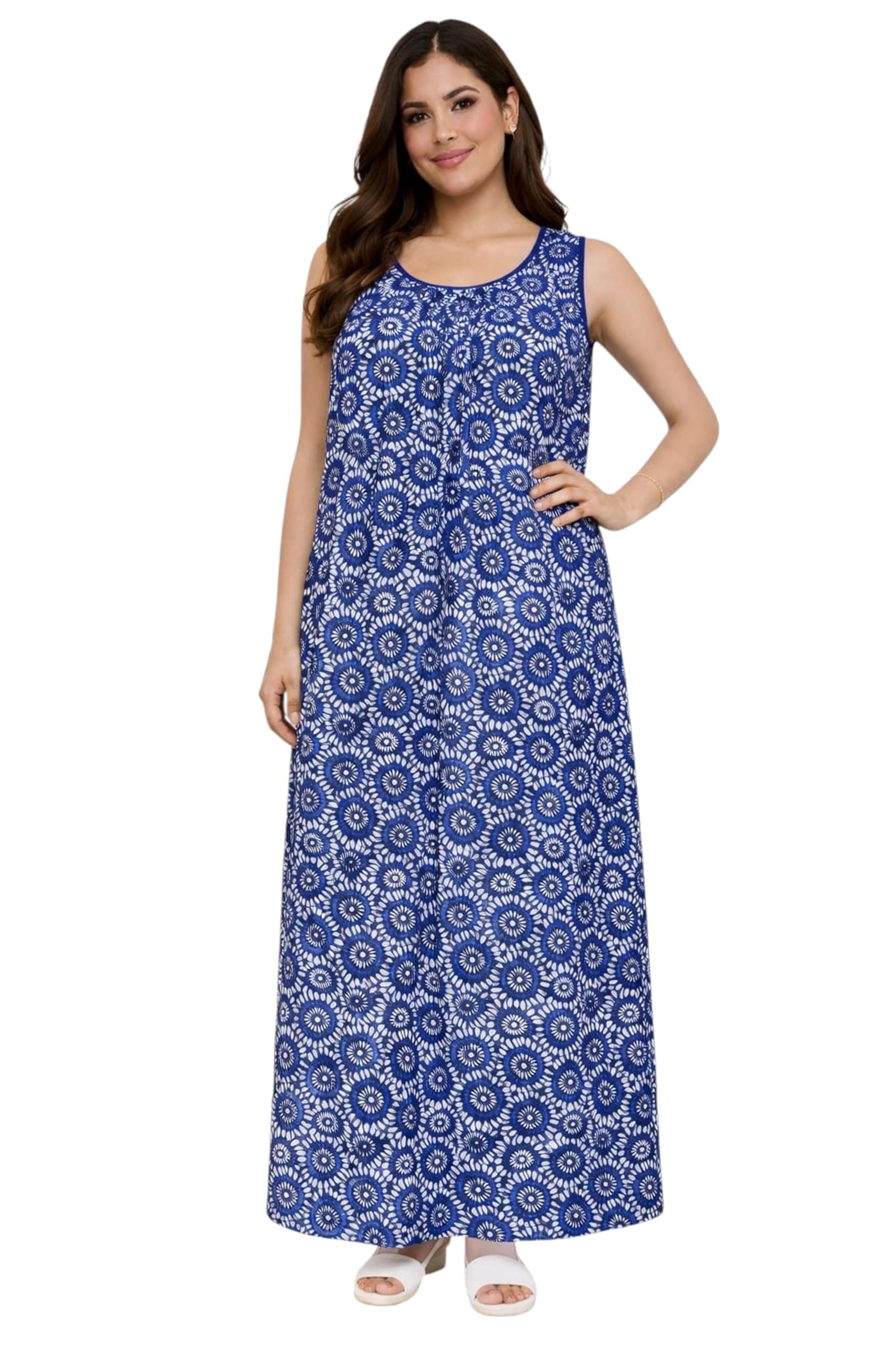 L to 10XL Size Cotton Nighties for Women and Girls, Indigo Color, Batik Print, Full Length Maxi Nightdress-image-10
