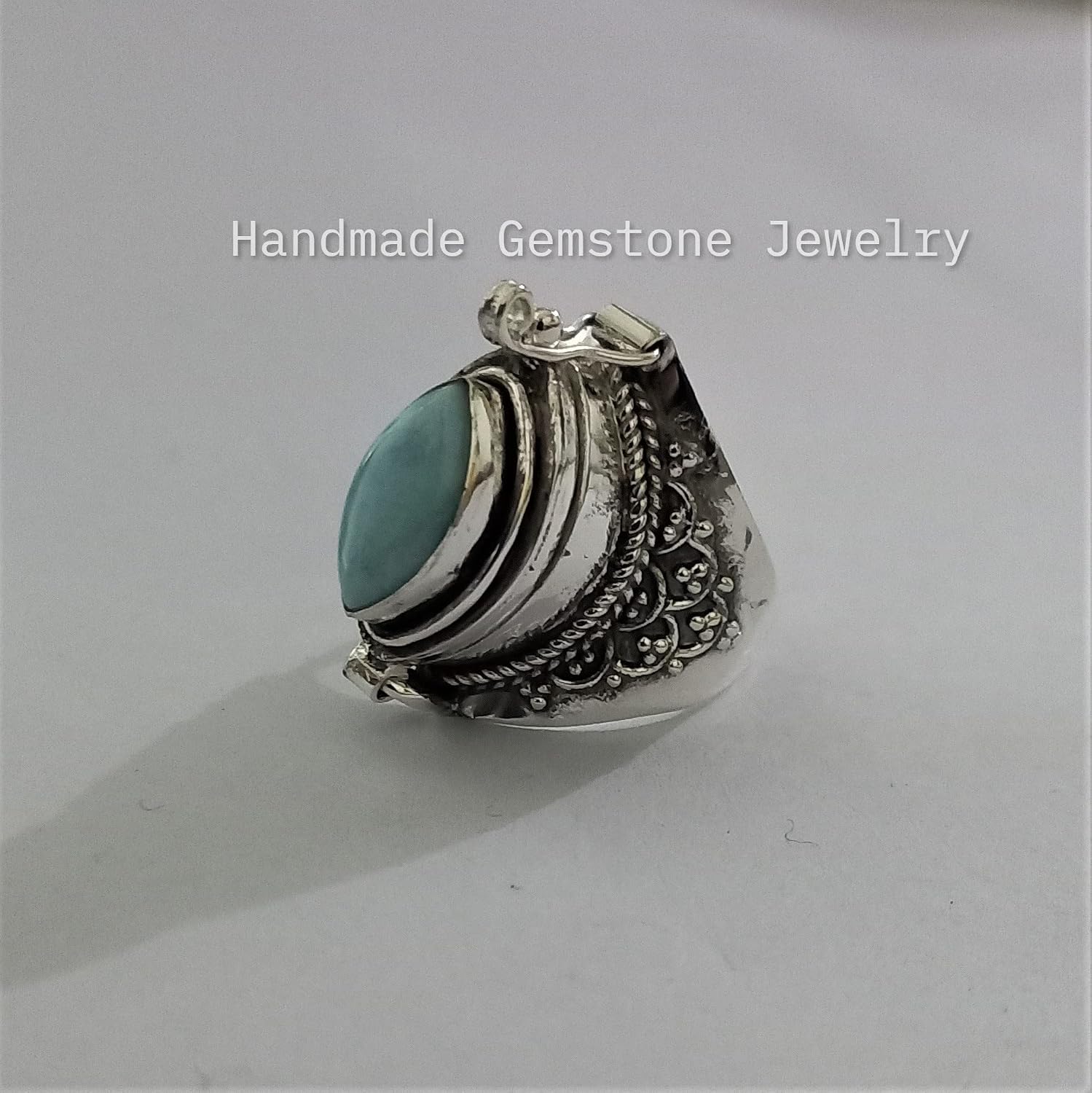 Natural Larimar Ring, Poison Box Ring, Marquise Stone Ring, Cabochon Ring, Poison Ring, Marquise Pill Box Ring, Openable Poison Ring, Dominican Larimar Ring, Handmade Poison Ring, Secret Stash Jewelry