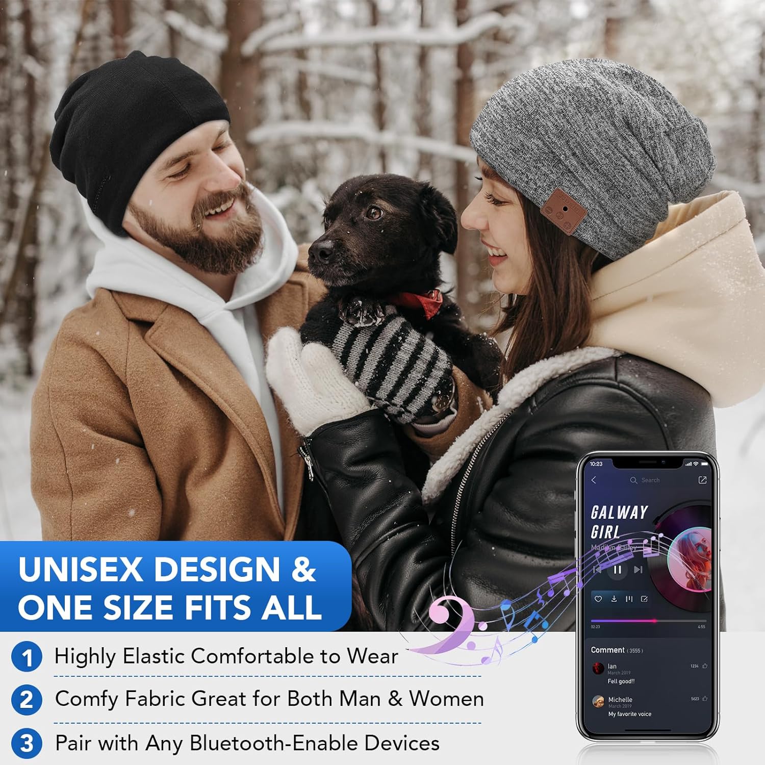 Bluetooth Beanie, Double-Layer Wool Lining Bluetooth Beanie Hat, Unique Tech Gifts for Men/Women/Teens/Family Christmas (Black & Gray 2Pack)