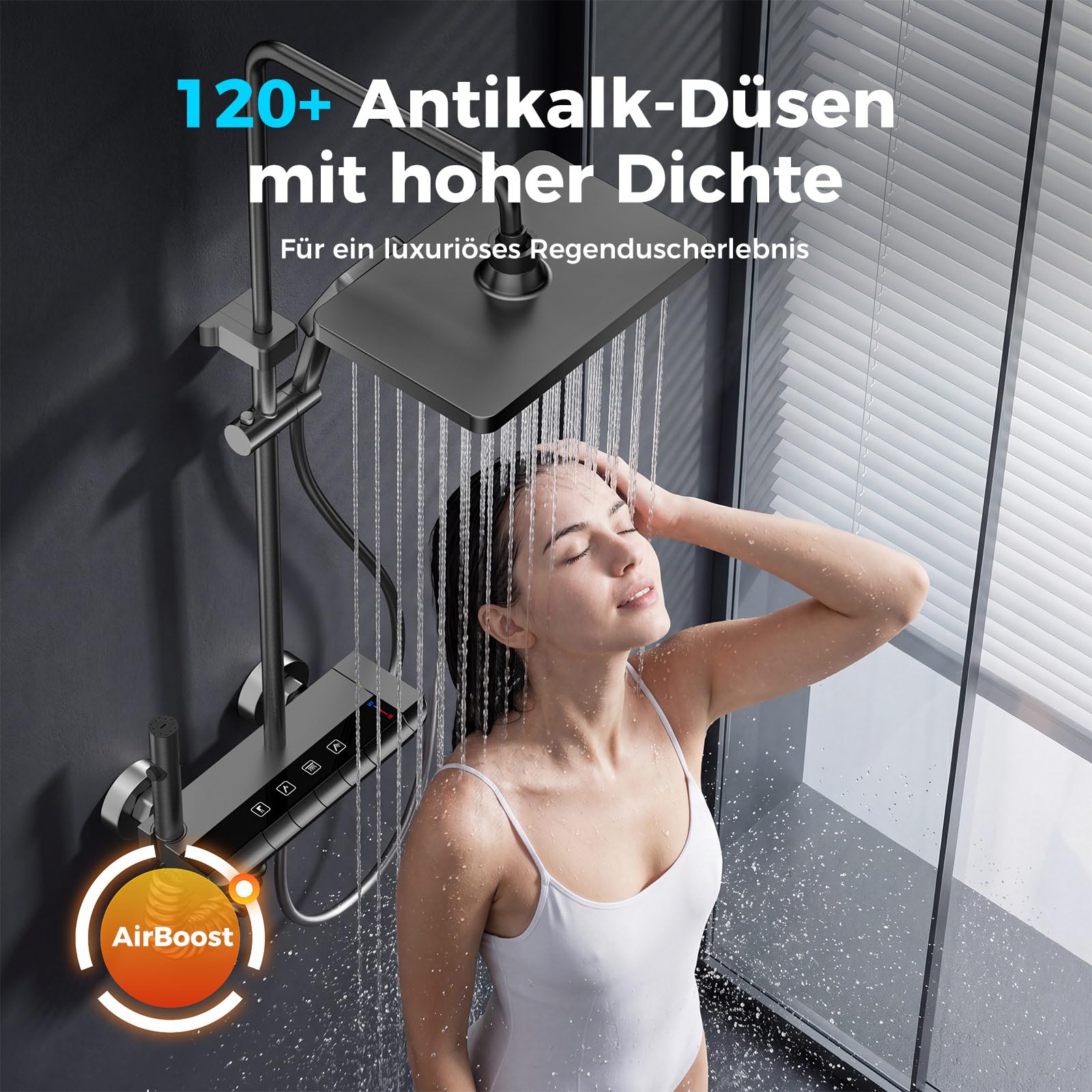 Duscharmatur Komplettset Klavierknöpfe 4 Arten von Wasserauslässen | Höhenverstellbare Duschstange 85-145cm Eckiger Kopfbrause Duschsystem Badezimmer Duschgarnitur Regendusche mit Armatur