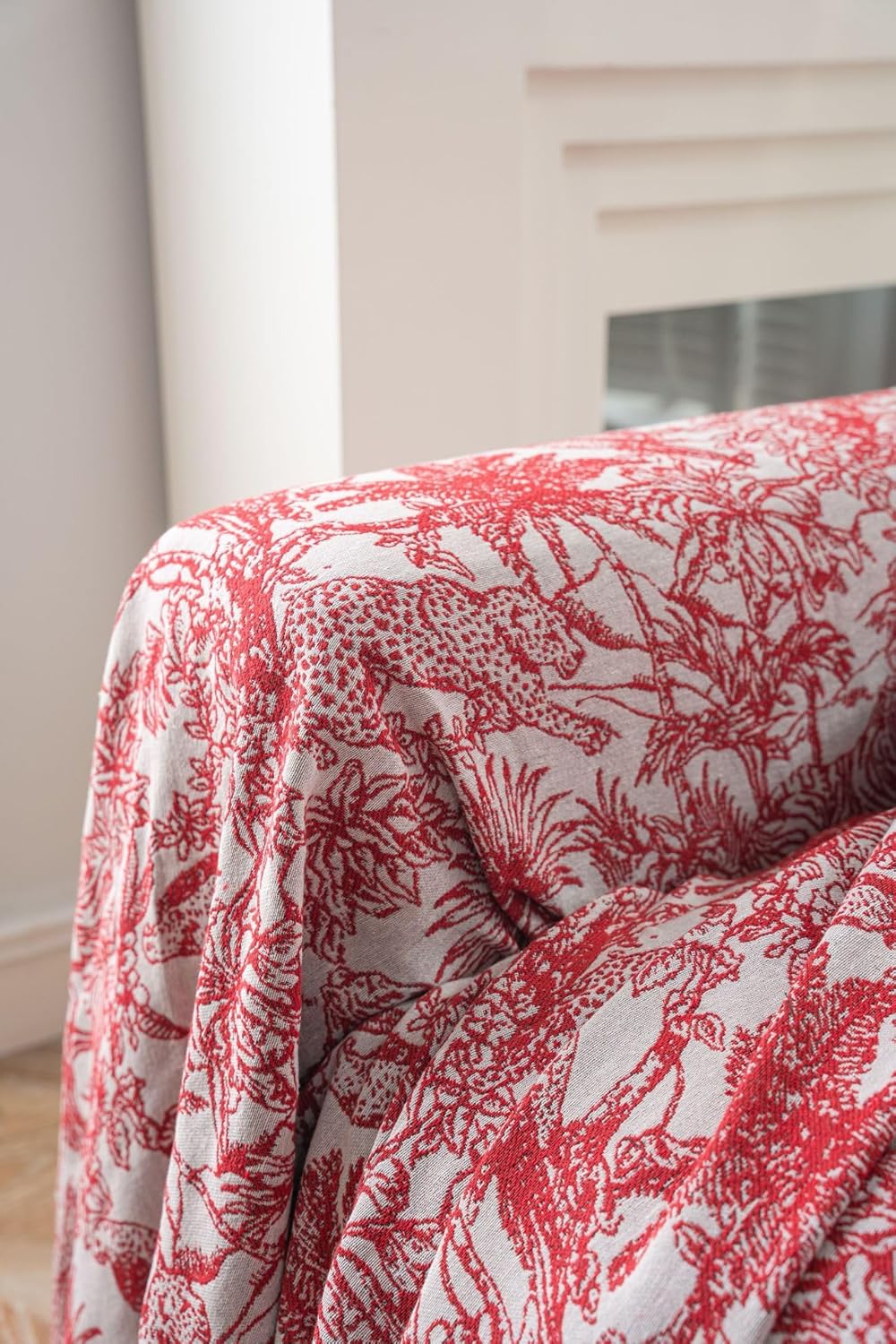 Red Boho Sofa Cover with Palm Tree Jacquard - Premium 3-Layer Fabric (50% Polyester 30% Linen 20% Cotton) for Couches, Sectionals, Chairs - Reversible Decorative Throw with White Fringe