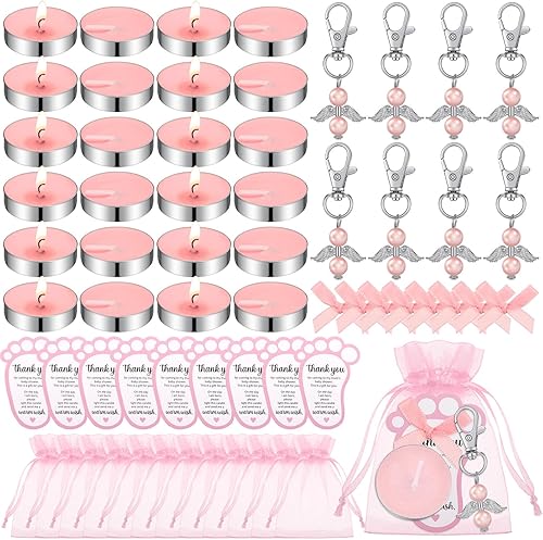 50 juegos de regalos de baby shower para invitados, incluyendo 50 velas de té sin perfume, 50 llaveros de ángel, 50 bolsas de regalo, 50 tarjetas de