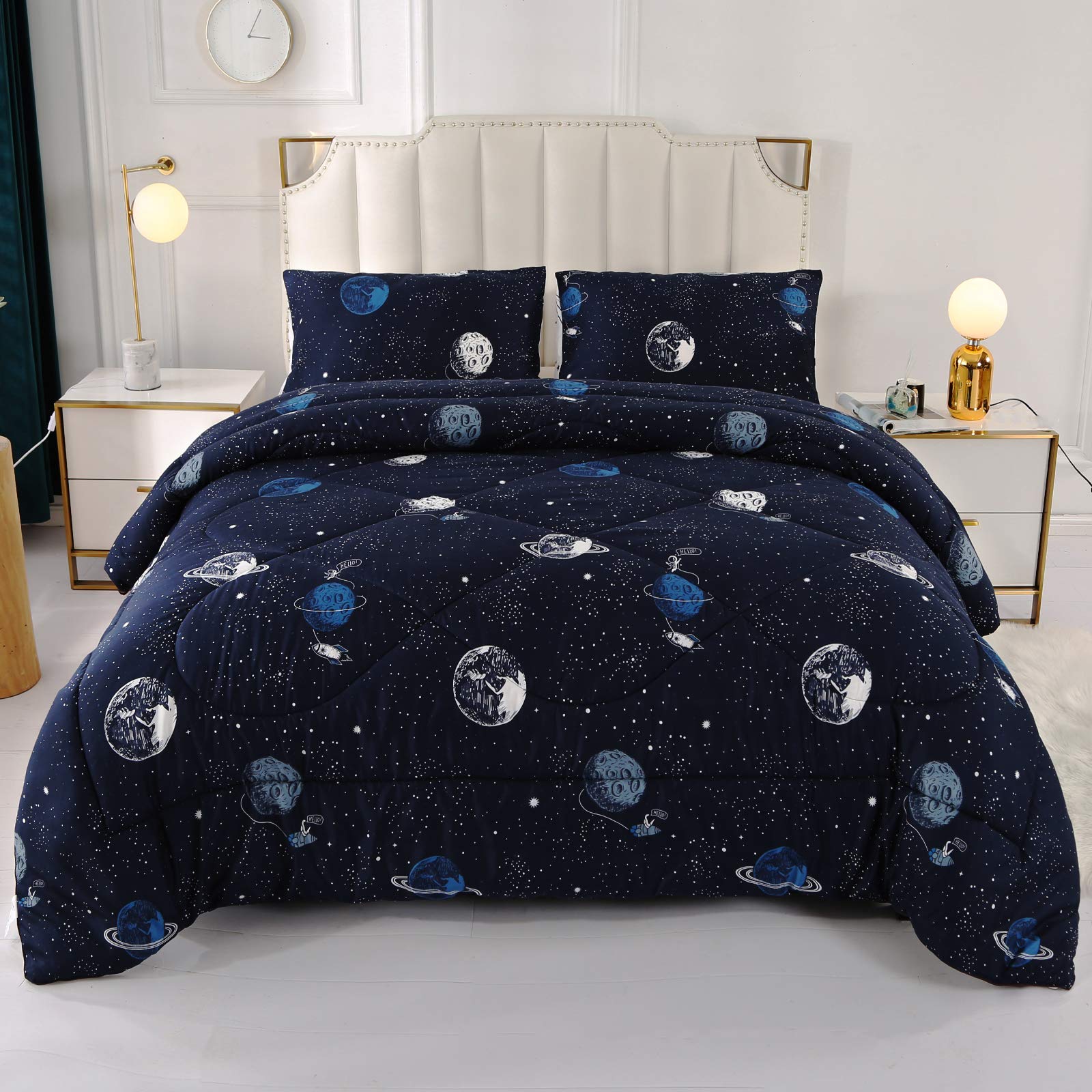 ENJOHOS Teen Boy Comforter Set Queen, Dark Blue Space Galaxy Celestial Bedding Set for Queen Size Bed, Lightweight Soft Microfiber Comforter with 2 Pillowcases for All Season