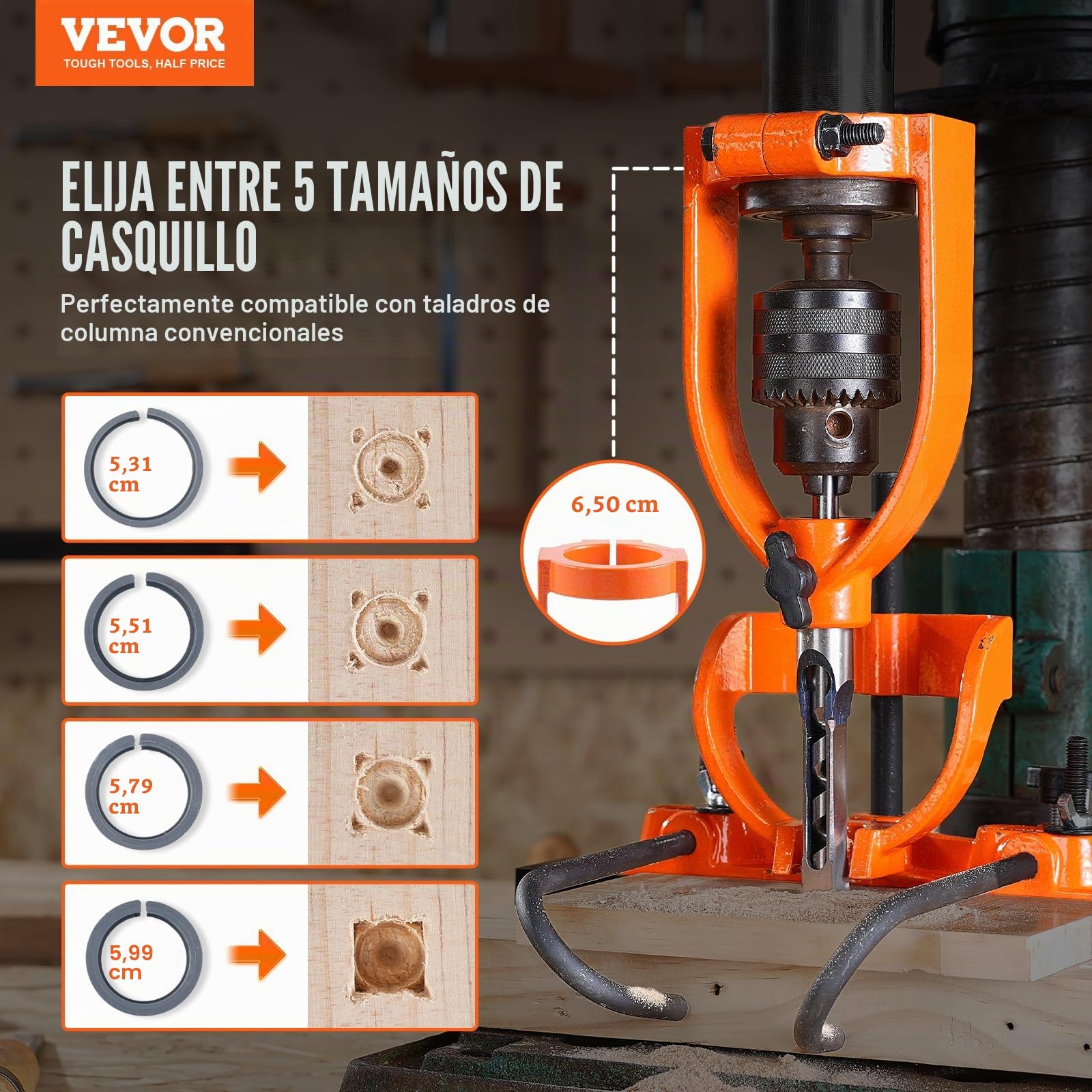 VEVOR Accesorio de embutir para prensa de taladro, 4 brocas, kit de cincel de orificio cuadrado, juego de localizador de brocas de banco, herramientas de embutir y espiga con 5 bujes, para carpintería