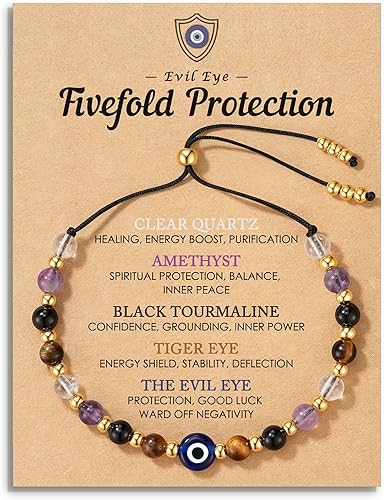 HGDEER Pulsera de protección de cristal natural, 5 piedras curativas, cuarzo transparente, amatista, turmalina negra, ojo de tigre, ajustable,