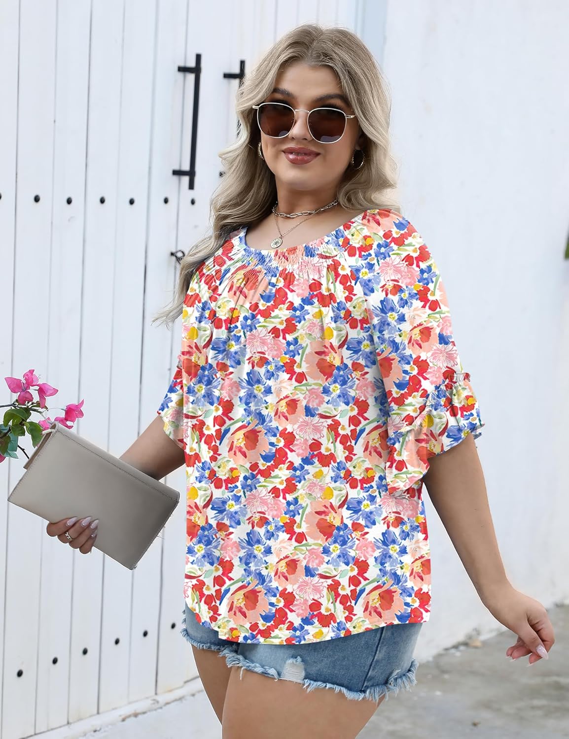 Micoson Womens Plus Size Tops 3/4 Ruffle Sleeve Shirts Crewneck Pleated Blouses Dressy Casual Fashion Tunic Top (1X-5X) - Image 3