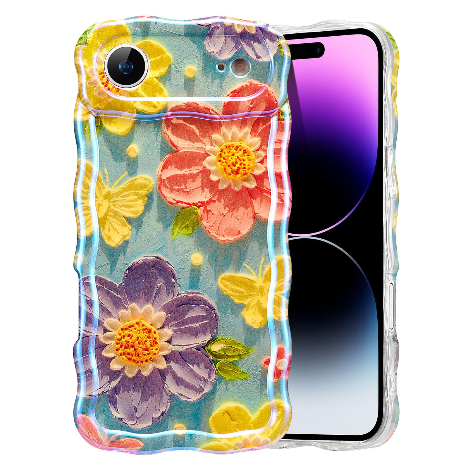 EYZUTAK Case for iPhone 15, Colorful Retro Oil Painting Flower Laser Beam Glossy Pattern Cute Curly Waves Border Exquisite Phone Cover Stylish Durable Soft TPU Protective Case for Girls Women - Green — view 104
