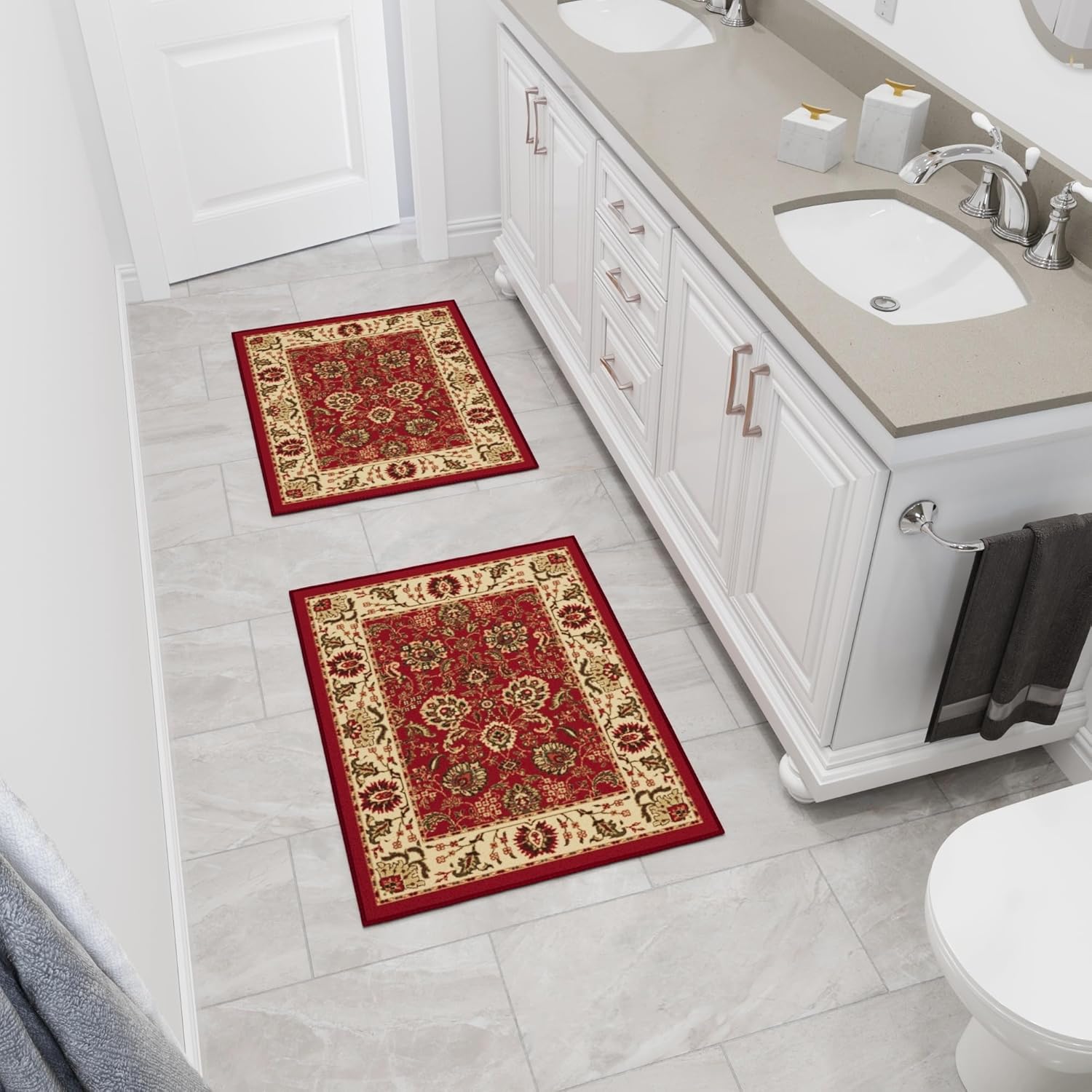 Ottomanson Rugs for Entryway 2'3" x 3' - 2 Pack Non Slip Oriental Small Area Rugs Durable Front Door Mat Rug Stain Resistant Entrance Rugs for Bathroom Kitchen Bedroom & Living Room, Red