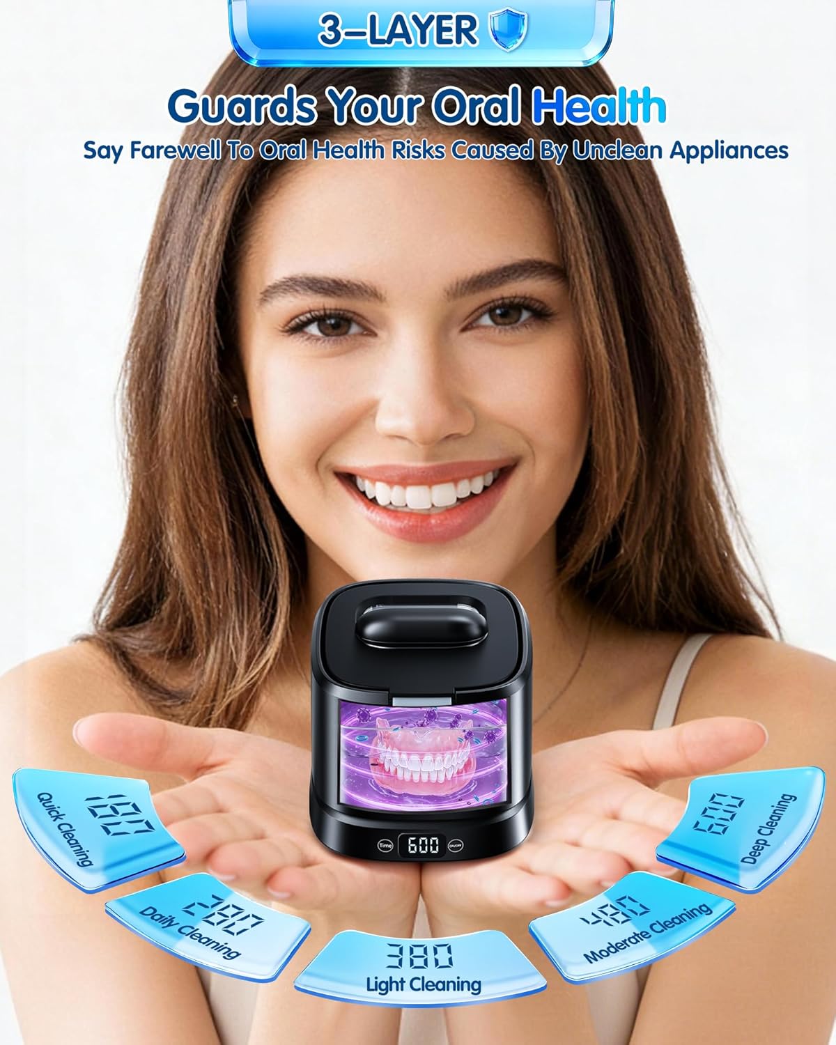 Ultrasonic Retainer Cleaner, UV Dental Cleaning Pod，45kHz Dental Cleaner for Denture, Aligner, Night Guard，Jewelry|5 Modes, Low Noise, Compact Design，Large capacity 320ml (Black)