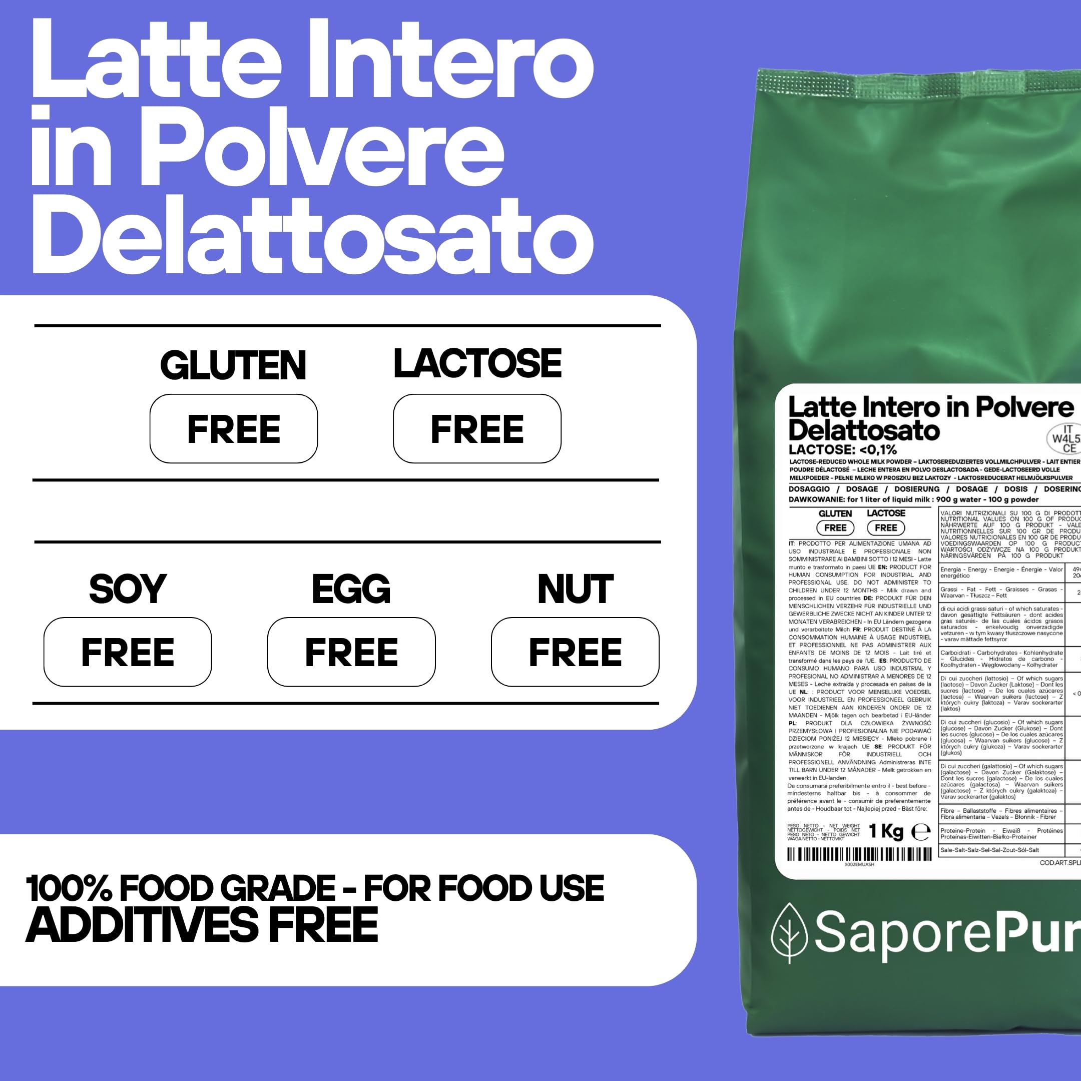 SaporePuro Latte Intero Delattosato in Polvere 1 kg – Latte per Alimentazione Umana | Ideale per Dolci, Pane e Gelato Artigianale | Uso Professionale e Industriale | Senza Lattosio | Senza Glutine