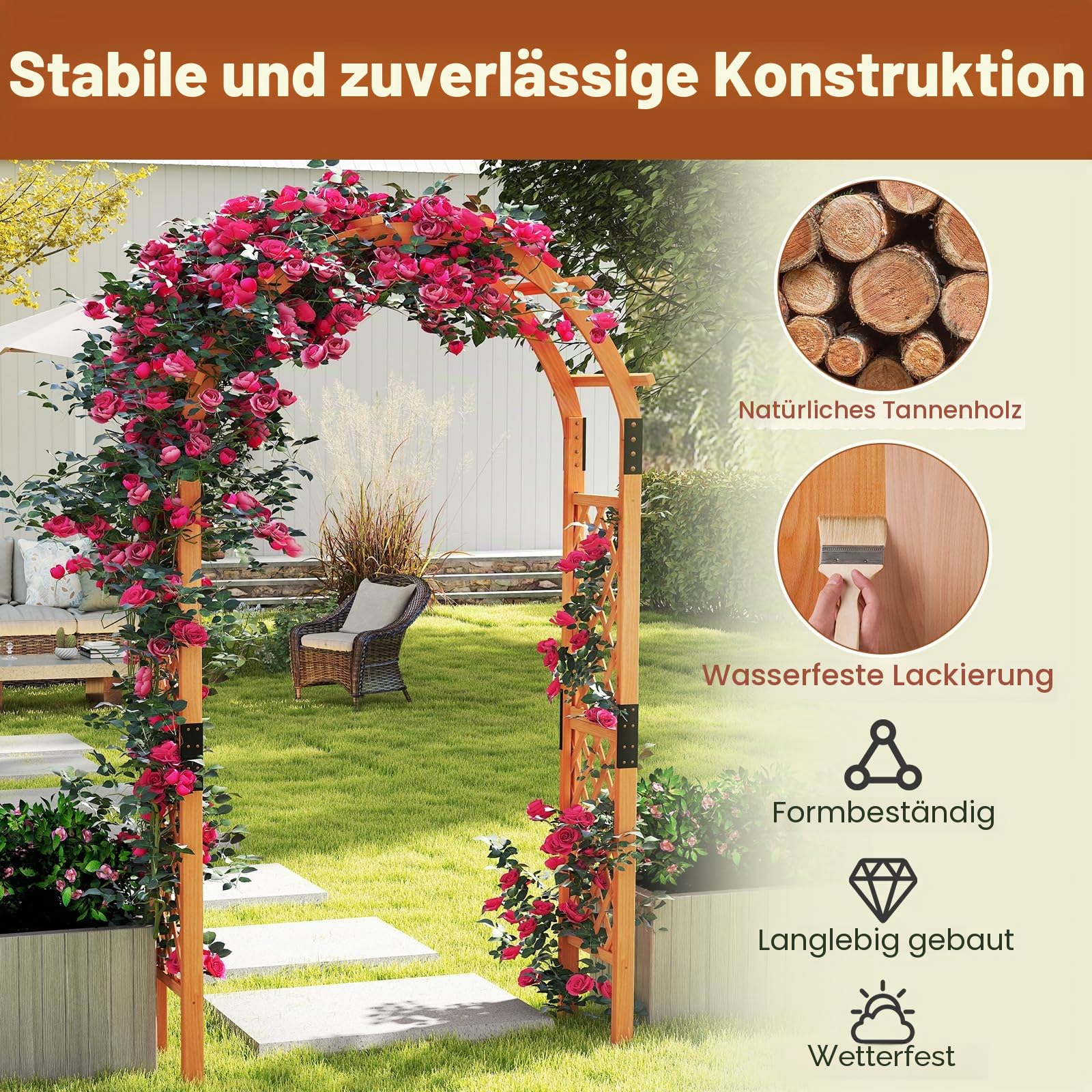FANTASK Gartenbogen Holz, 132 x 45,5 x 235 cm, Rosenbogen für Rosen & Kletterpflanzen, Torbogen Spalier, Rankhilfe Tannenholz, Halbbogen für Garten, Hochzeit, Party