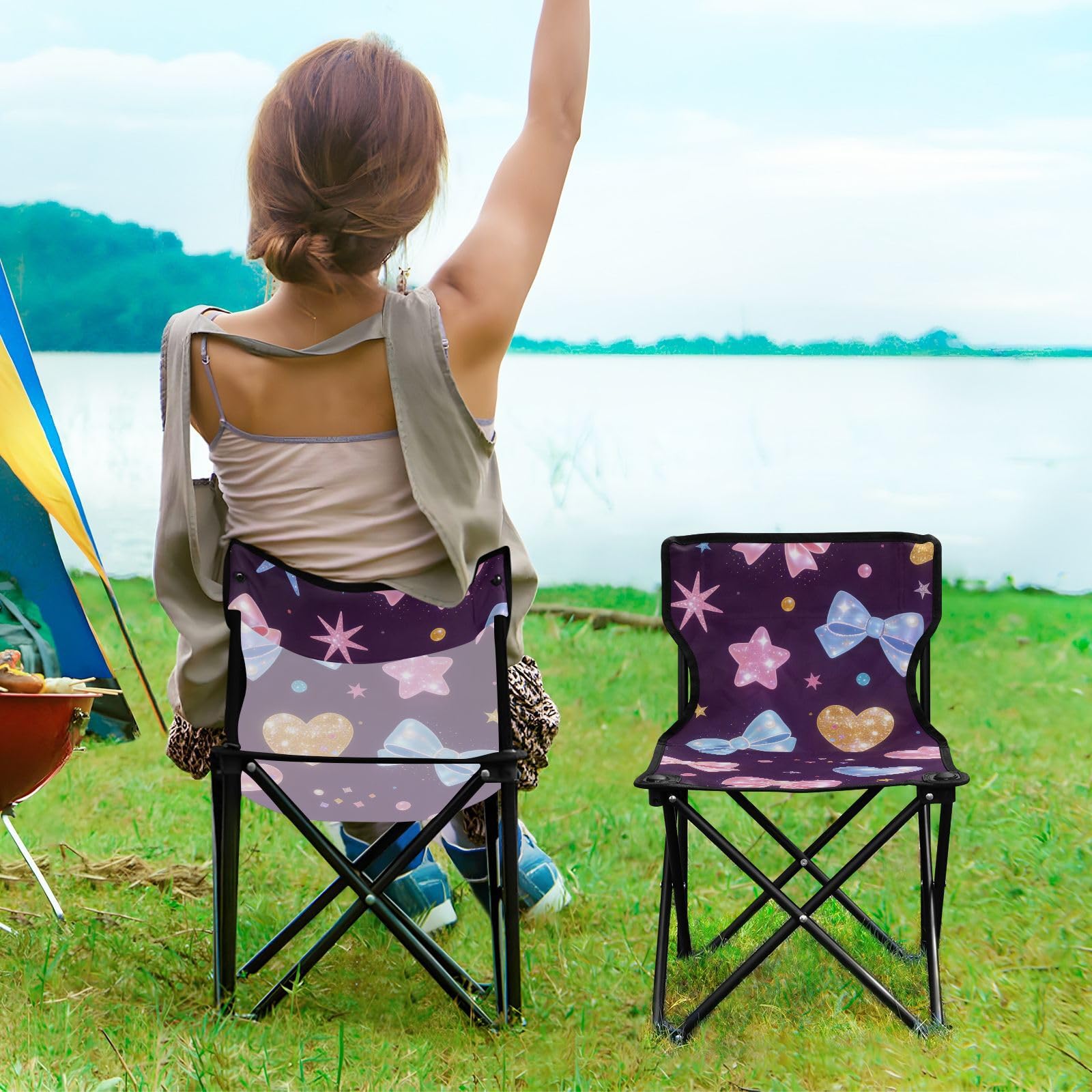 Sedie da campeggio compatte per adulti, con fiocco al neon e galassia, pieghevole, per interni, con borsa per il trasporto portatile