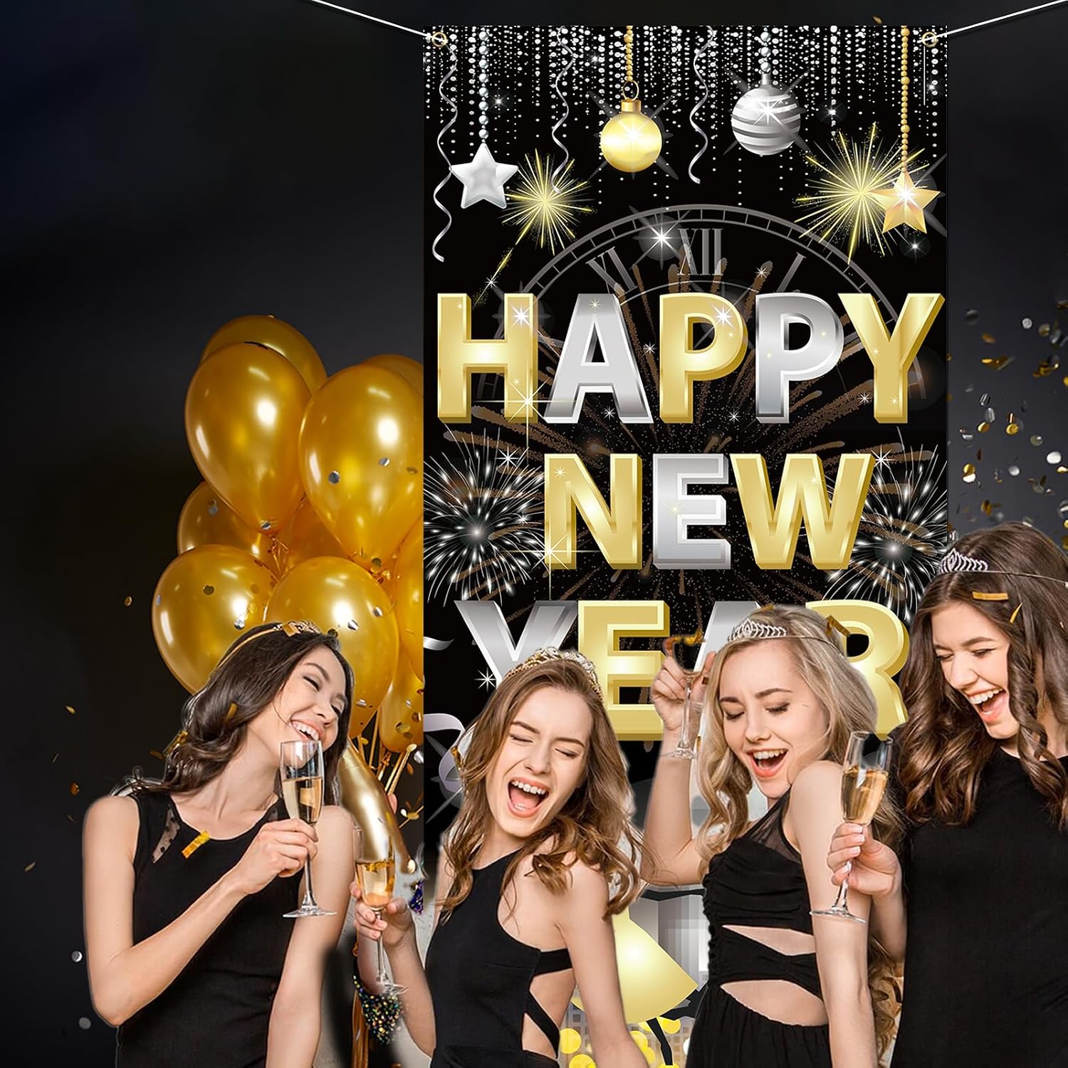 HOWAF Happy New Year Door Cover, New Years Decorations 2026 Banner Black Gold NYE Eve Door Banner for NYE Party Supplies Happy New Years Backdrop 2026