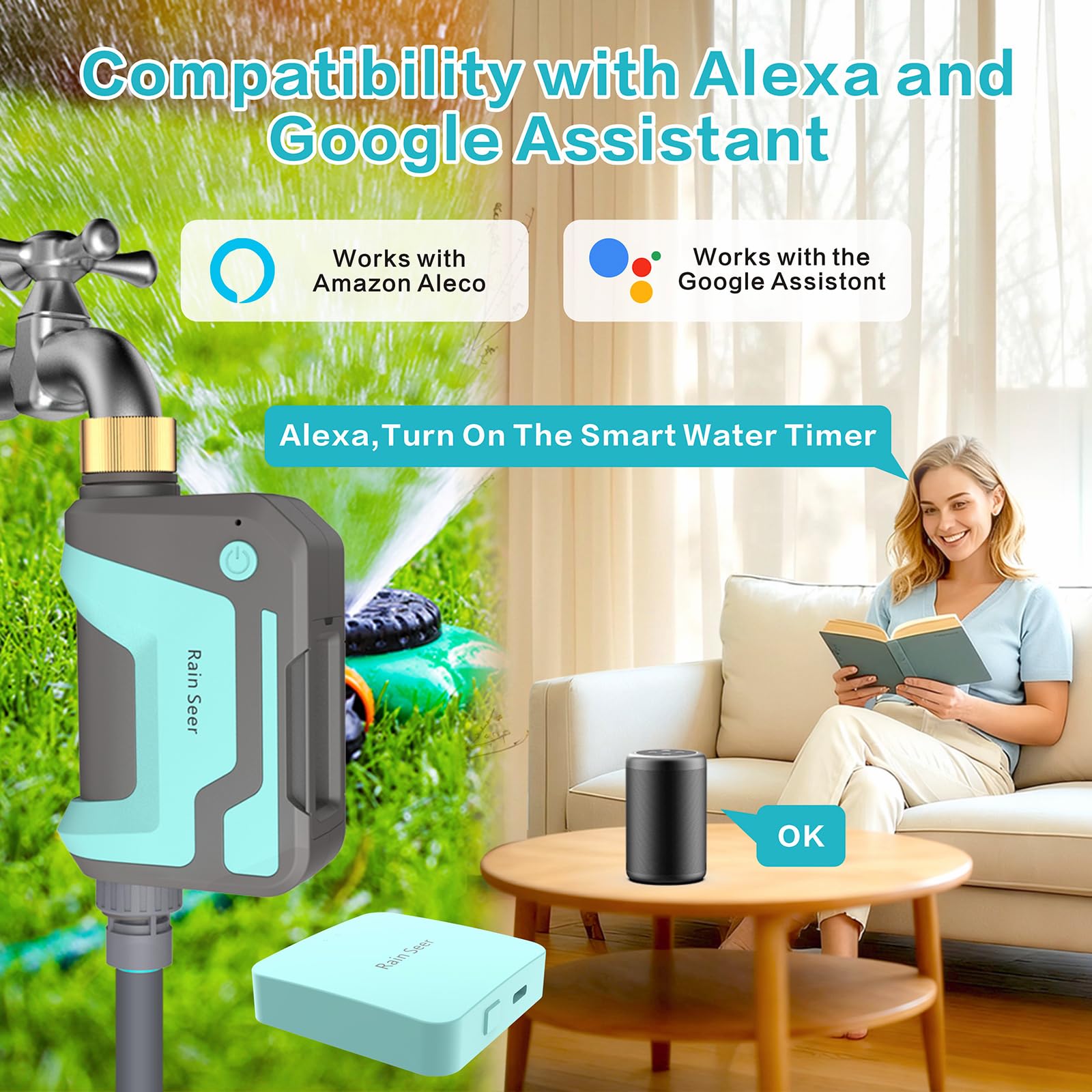 Smart WiFi Sprinkler Timer mit 1666 Fuß RF Gateway, Messing Einlass und Auslass Wassertimer für Gartenschlauch, App Fernbedienung mit Alexa, Regenverzögerung und manuellem Modus für Garten und Rasen
